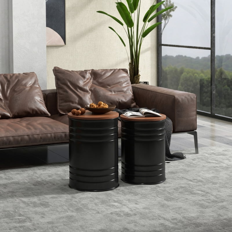 HOQBN Round Storage Ottoman Set of 2, Nesting Ottomans with Wooden Lid, Metal Frame and Hidden Storage Space for Bedroom