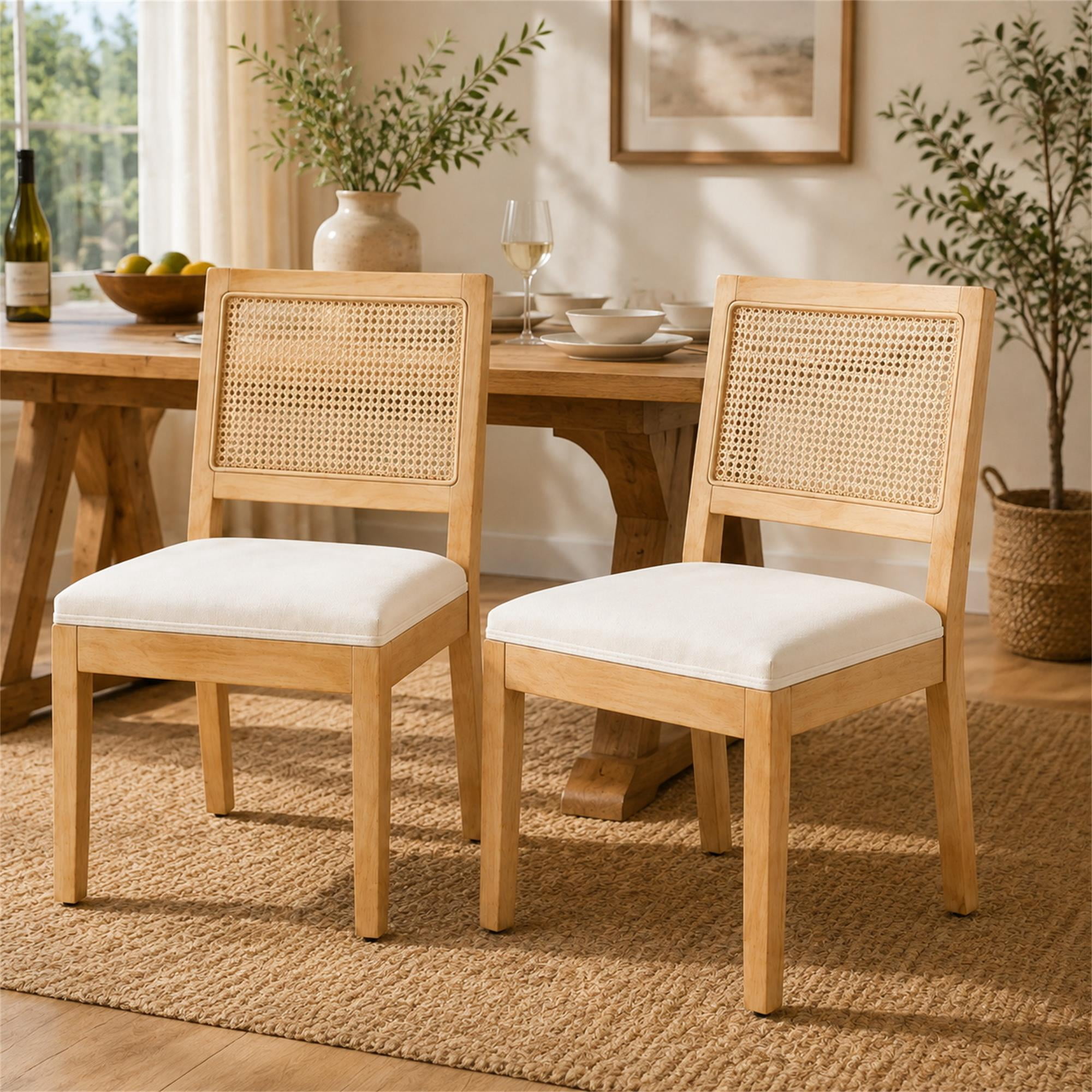 HOQBN Set of 2 Farmhouse Dining Chairs, Linen Upholstered Kitchen Chairs with Rattan Cane Inset Square Backrest for Kitchen Dining Home Office Commercial Use Beige