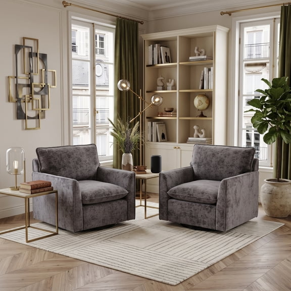 HOQBN Set of 2 360°Swivel Accent Chair, Comfy Single Square Sofa Armchairs,Upholstered Club Chairs for Living Room,Bedroom, Reading Room, Grey