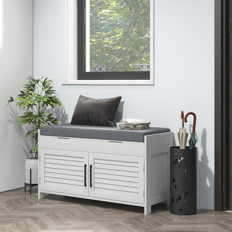 HOQBN Shoe Storage Bench, Modern Entryway Bench with Cushion, Hidden Compartments, Adjustable Shelves, and Shutter Doors, White