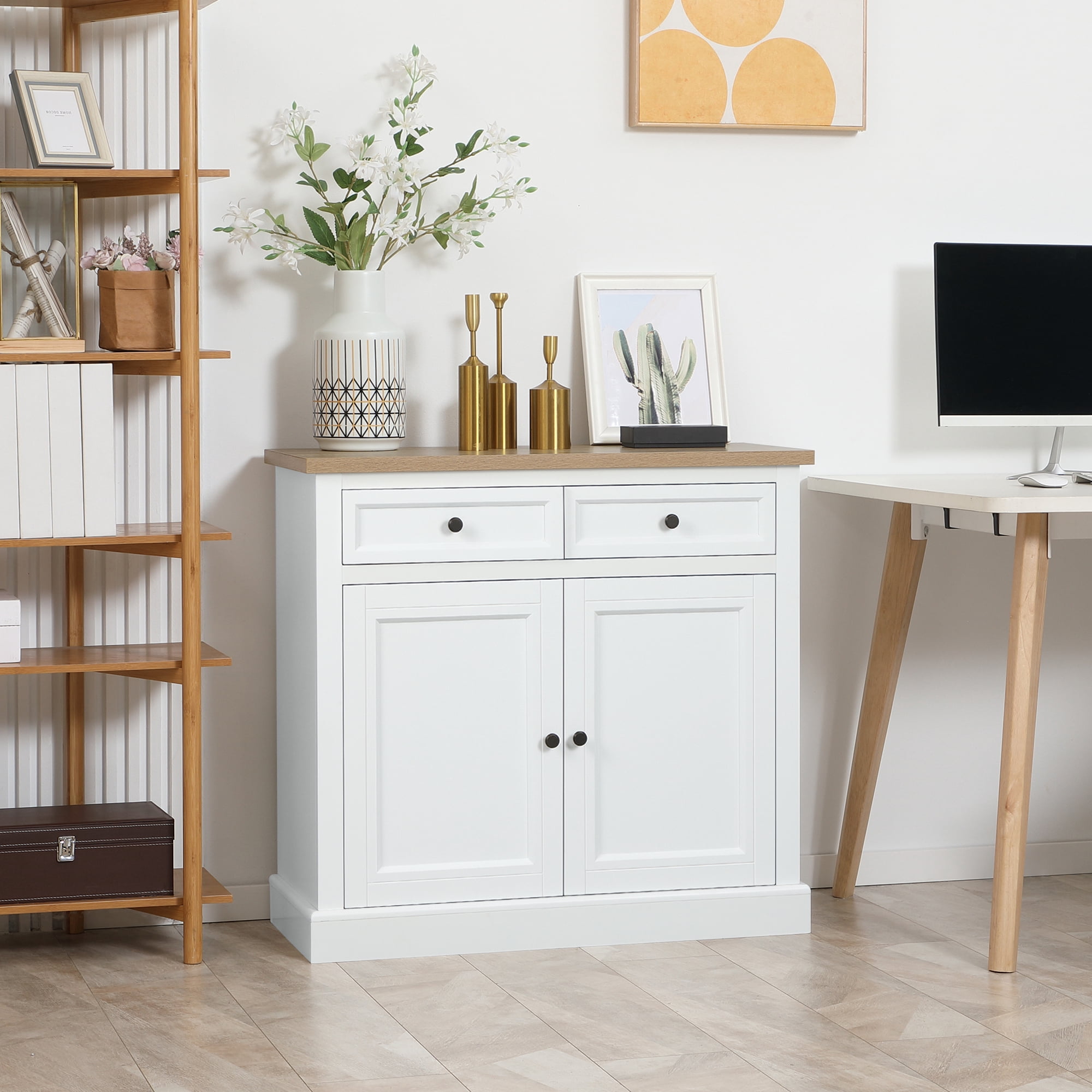 HOQBN Sideboard Buffet Cabinet, Coffee Bar Cabinet with 2 Drawers and Double Door Cupboard for Kitchen, Living Room, Entryway, White