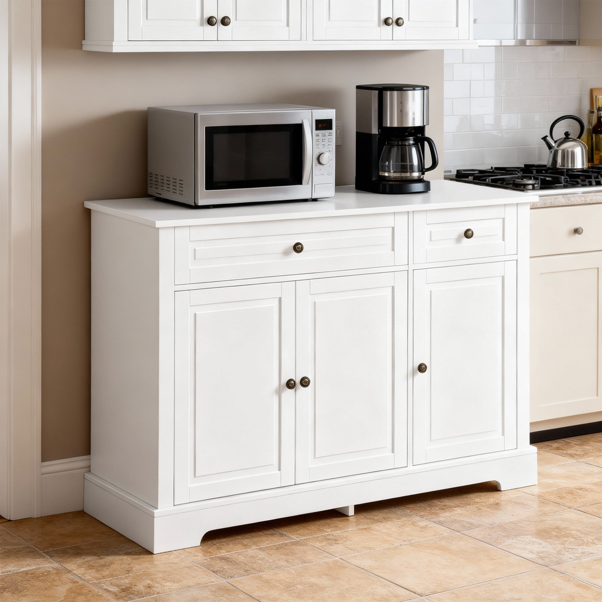 HOQBN Sideboard Buffet Cabinet, Modern Accent Cabinet with 2 Drawers and Adjustable Shelves for Kitchen Dining Room Entryway White