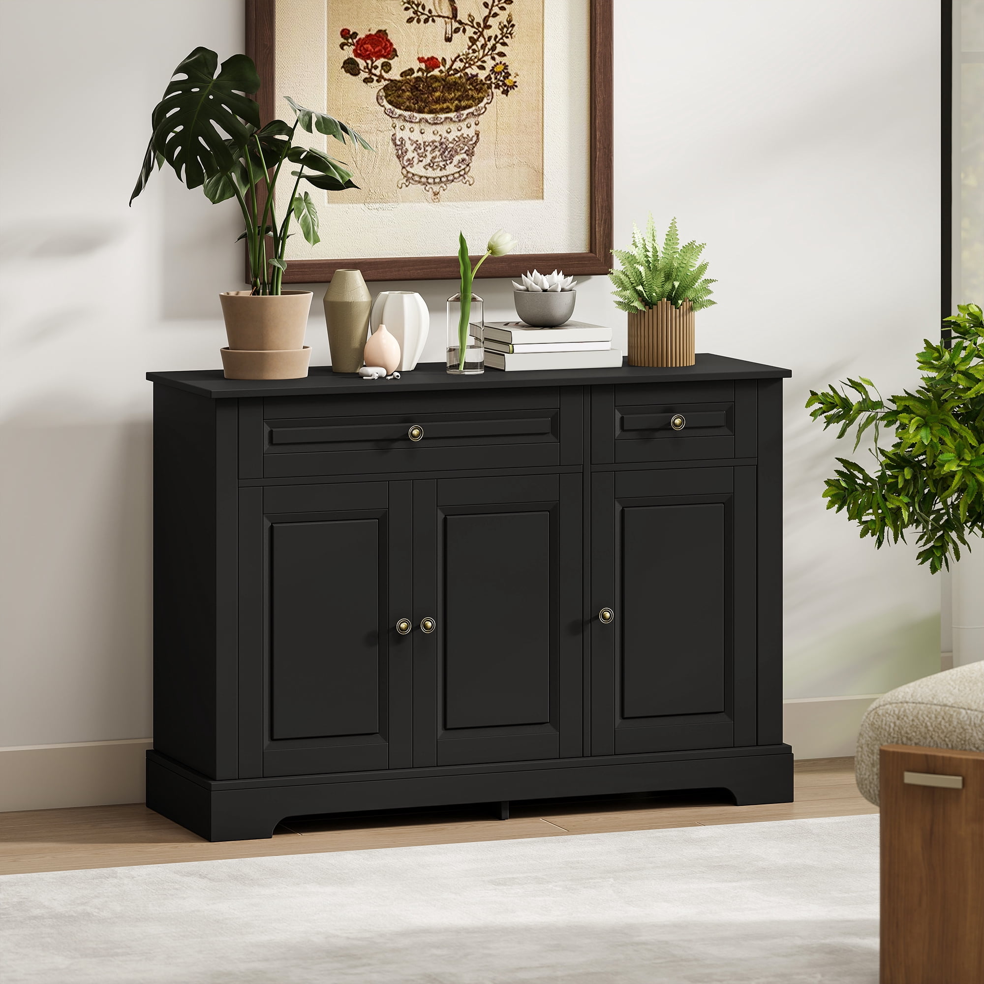 HOQBN Sideboard Buffet Cabinet, Modern Accent Cabinet with 2 Drawers and Adjustable Shelves for Kitchen and Living Room Black
