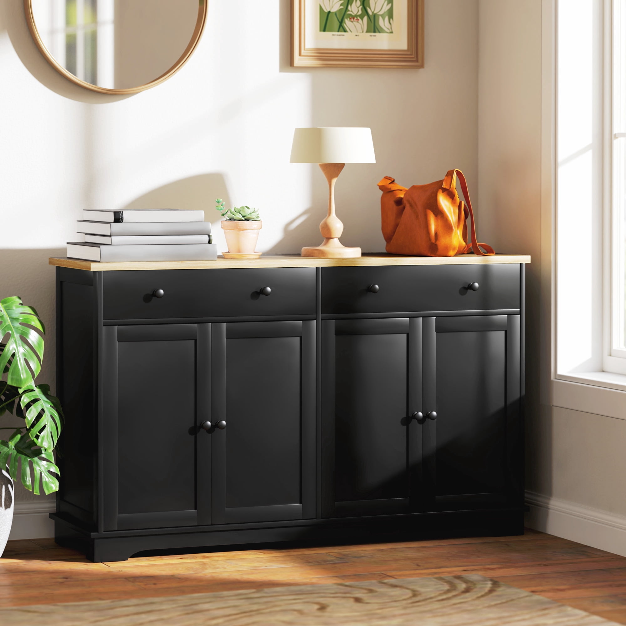 HOQBN Sideboard Buffet Cabinet, Storage Cabinet with Functional Drawers and Adjustable Shelves, Multipurpose Furniture for Living Room, Dining Room and Entryway, Black