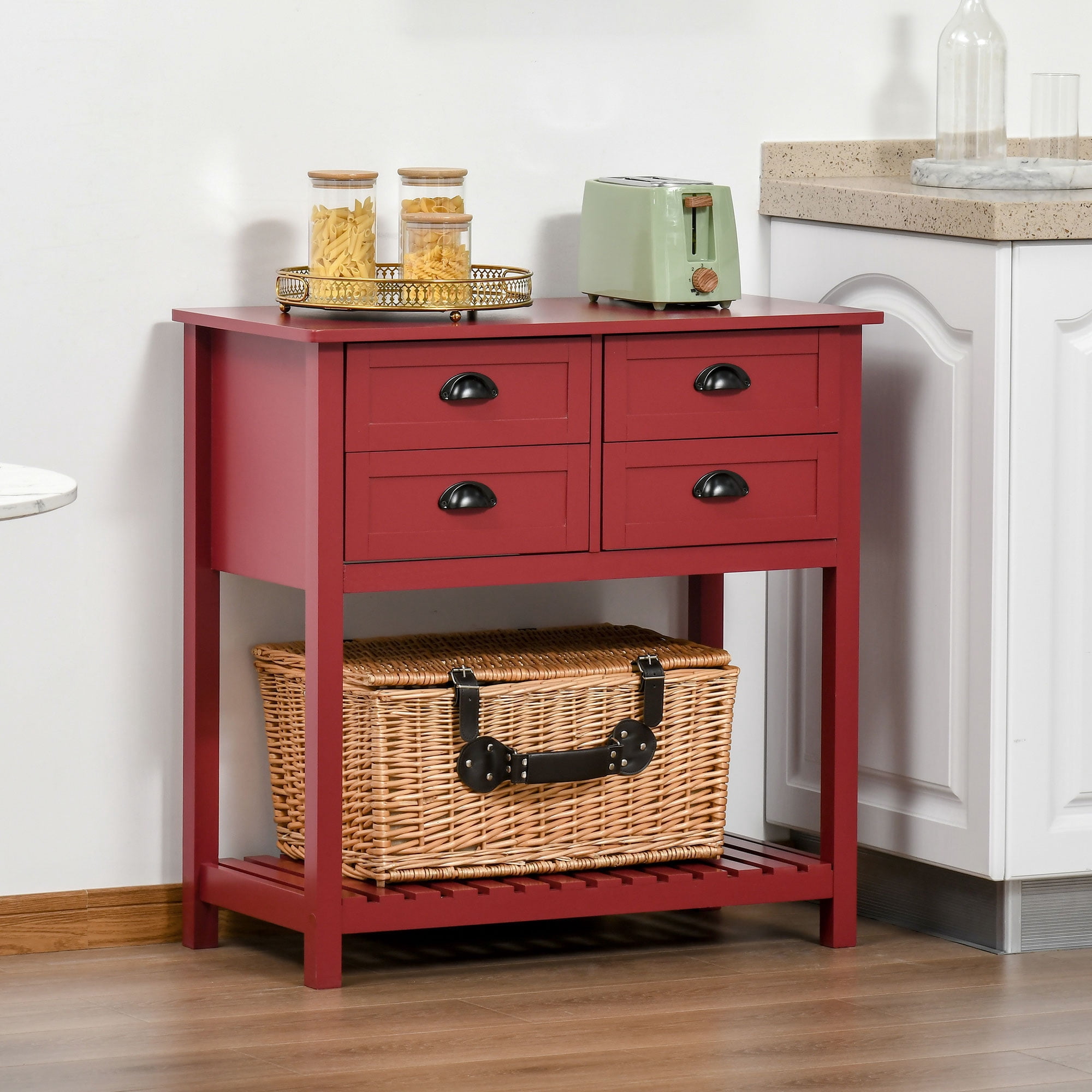 HOQBN Sideboard Buffet Cabinet with Storage, Modern Coffee Bar Cabinet with 4 Drawers and Slatted Bottom Shelf for Kitchen, Living Room, Dining Room, Hallway, Red