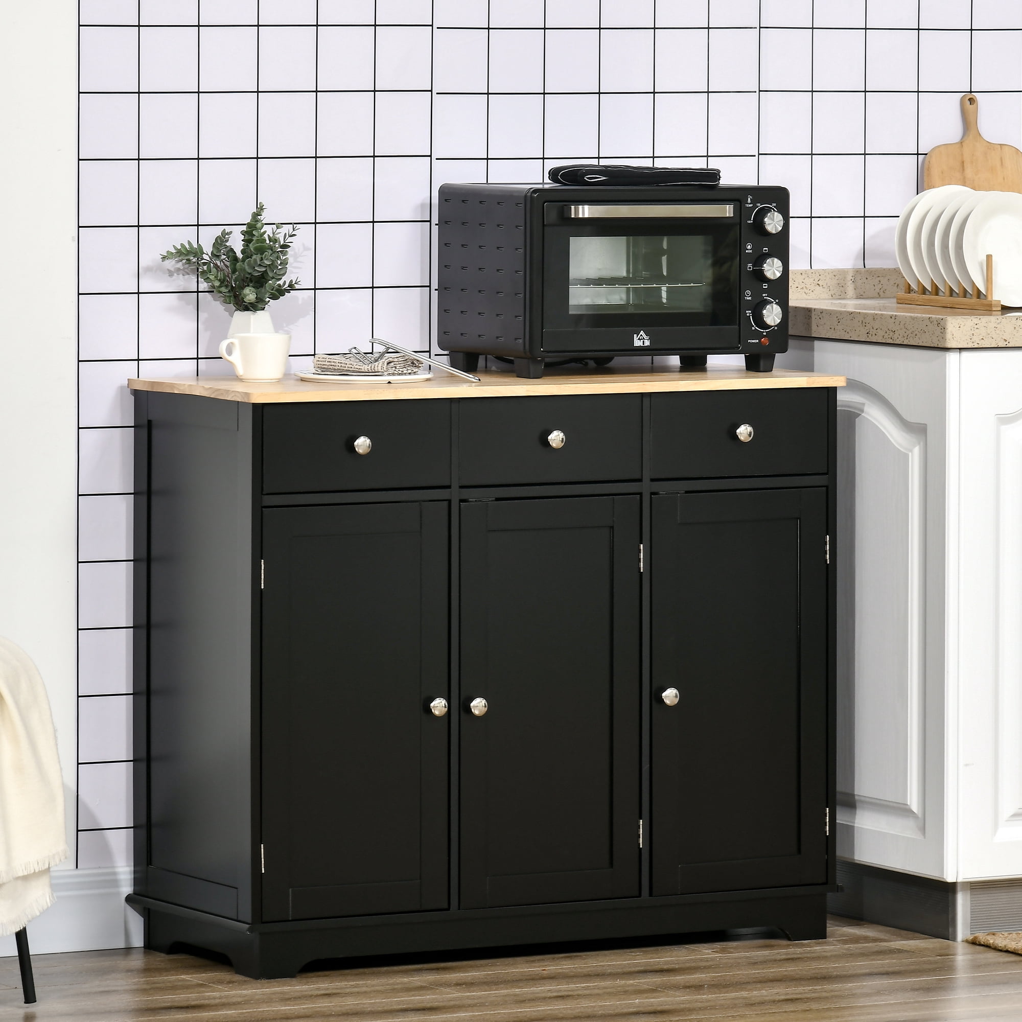 HOQBN Sideboard Buffet Cabinet with Rubberwood Top and Adjustable Shelves, Multipurpose Storage Furniture for Dining Room and Kitchen, Black