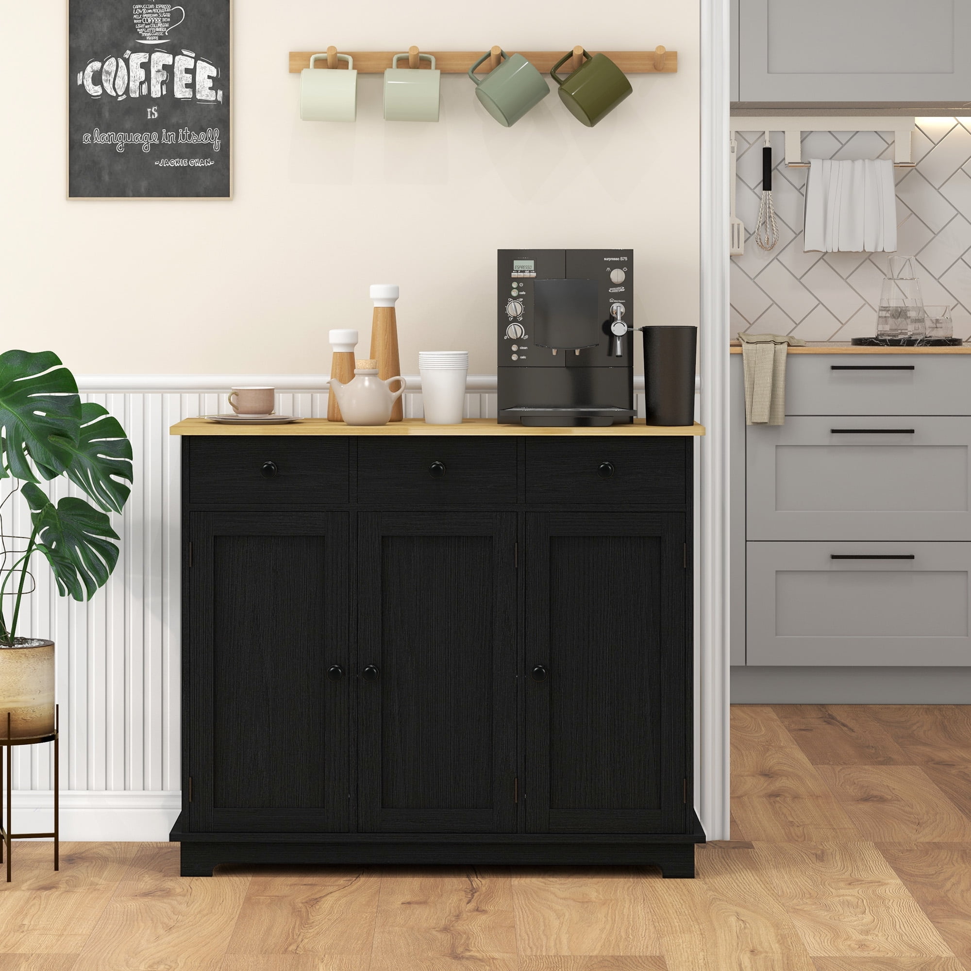 HOQBN Sideboard Buffet Cabinet with Rubberwood Top and Adjustable Shelves for Dining Room, Kitchen, Black