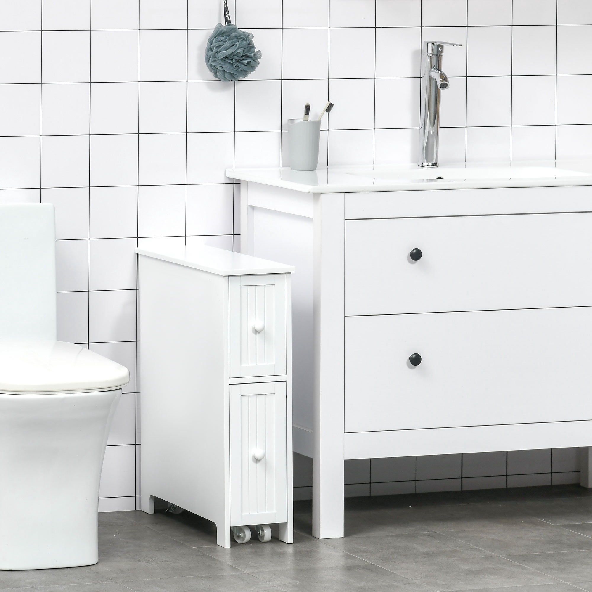 HOQBN Slim Bathroom Cabinet, Freestanding Storage Cabinet, Toilet Paper Holder with 2 Drawers, Side Towel Rack and Wheels, White