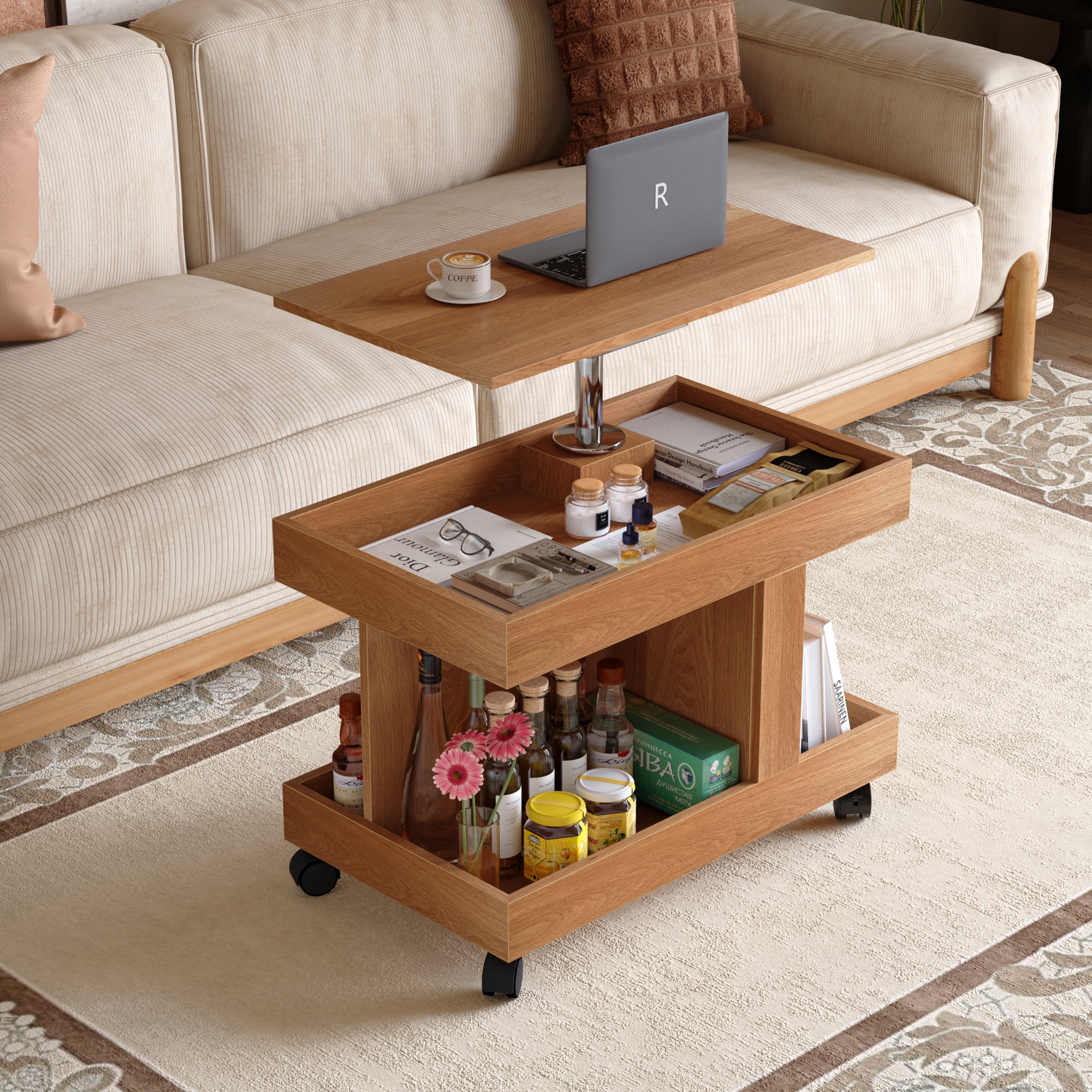 HOQBN Small Coffee Table with Wheels,360° Rotating Desktop Multi-Functional Side Table, Rolling End Table with Storage Compartment, Mobile Bedside Table for Living Room Bedroom,Natural