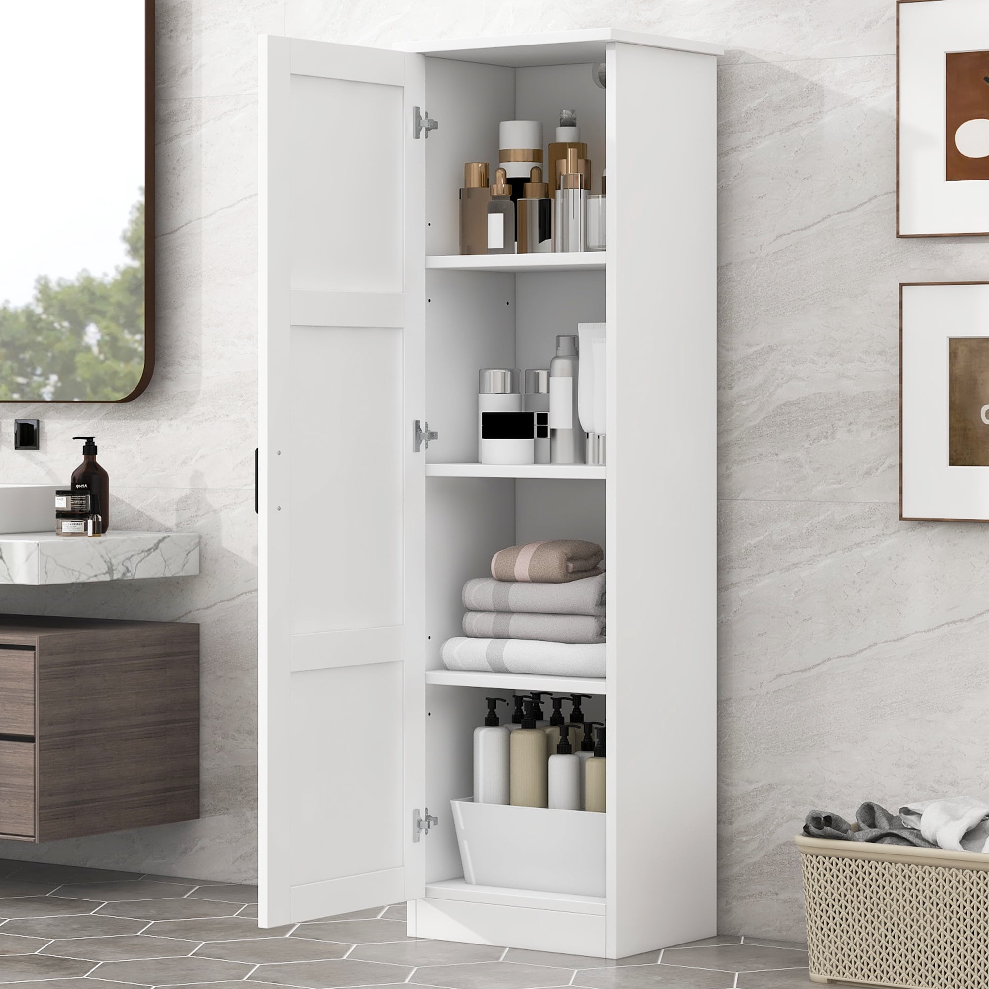 HOQBN Storage Cabinet with One Door & Adjustable Shelf,60" H Tall Bathroom Storage Cabinet for Bathroom,Office,White