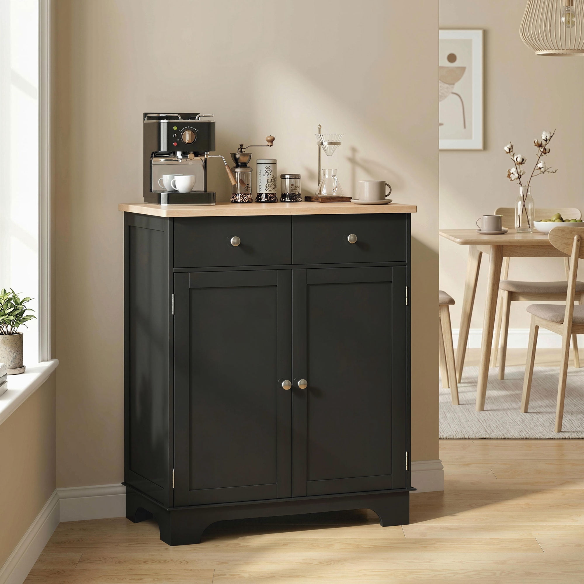 HOQBN Storage Sideboard Cabinet with Solid Wood Top, Adjustable Shelf and 2 Drawers, Multipurpose Buffet Furniture for Kitchen, Dining Room and Living Room, Black