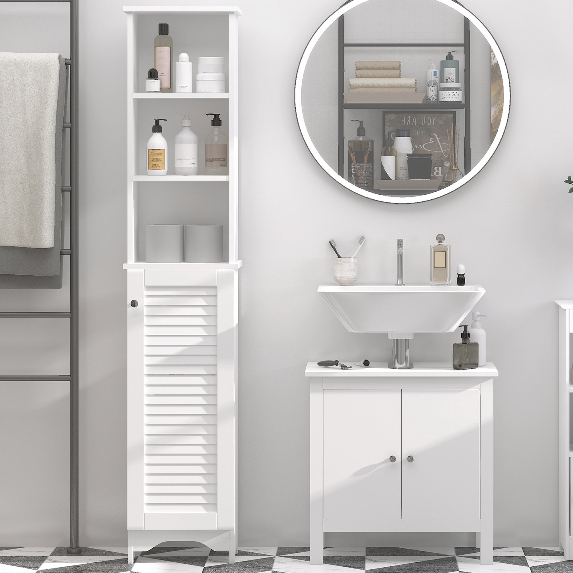 HOQBN Tall Bathroom Storage Cabinet, Freestanding Tower with 3-Tier Open Adjustable Shelf and Cupboard, White