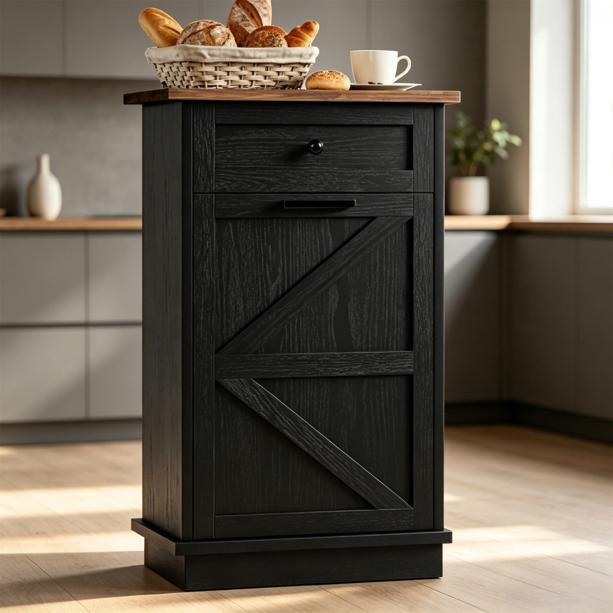HOQBN Tilt Out Trash Can Cabinet, 10-Gallon Farmhouse Hidden Garbage Cabinet with Drawer, Dog Proof Wooden Trash Storage Cabinet for Kitchen, Laundry, Living Room, Office Black+Brown