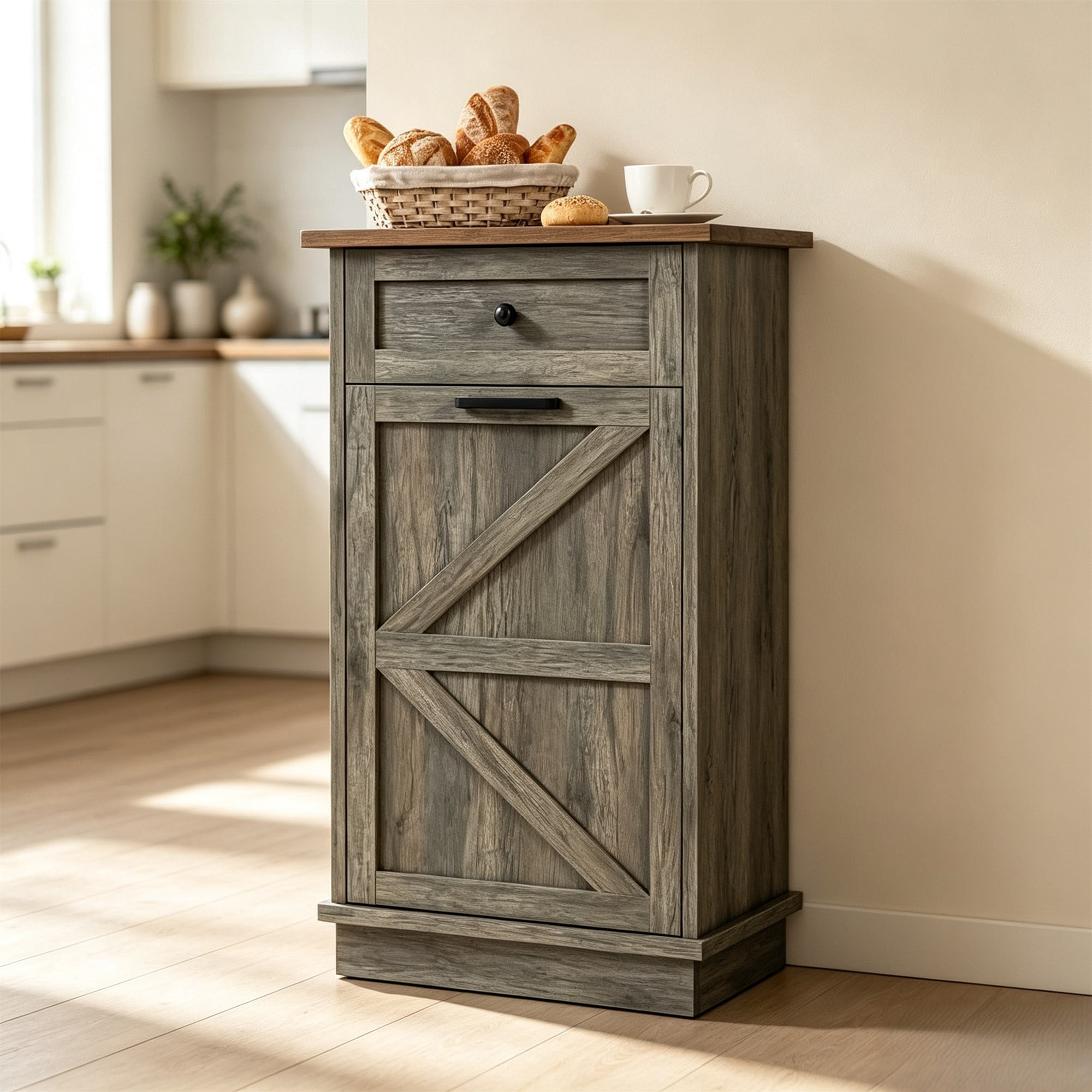 HOQBN Tilt Out Trash Can Cabinet, 10-Gallon Farmhouse Hidden Garbage Cabinet with Drawer, Dog Proof Wooden Trash Storage Cabinet for Kitchen, Laundry, Living Room, Office Grey+Brown