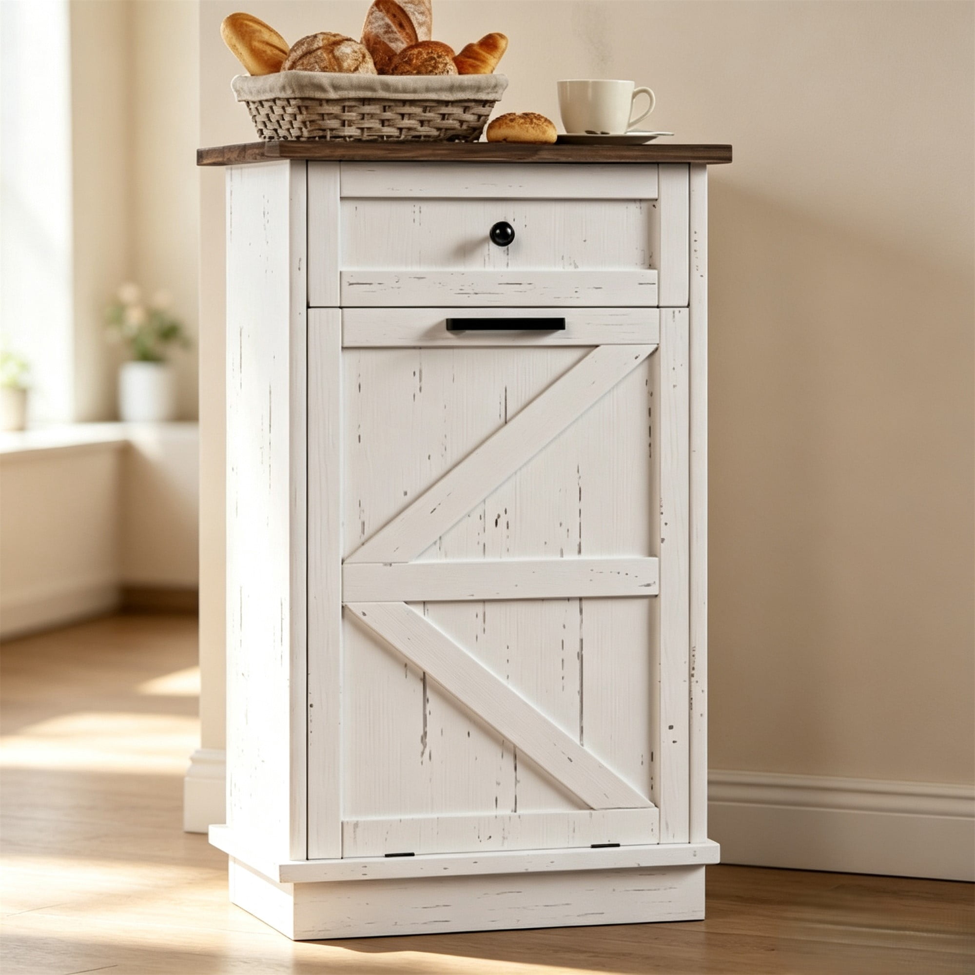 HOQBN Tilt Out Trash Can Cabinet, 10-Gallon Farmhouse Hidden Garbage Cabinet with Drawer, Dog Proof Wooden Trash Storage Cabinet for Kitchen, Laundry, Living Room, Office Brown+White