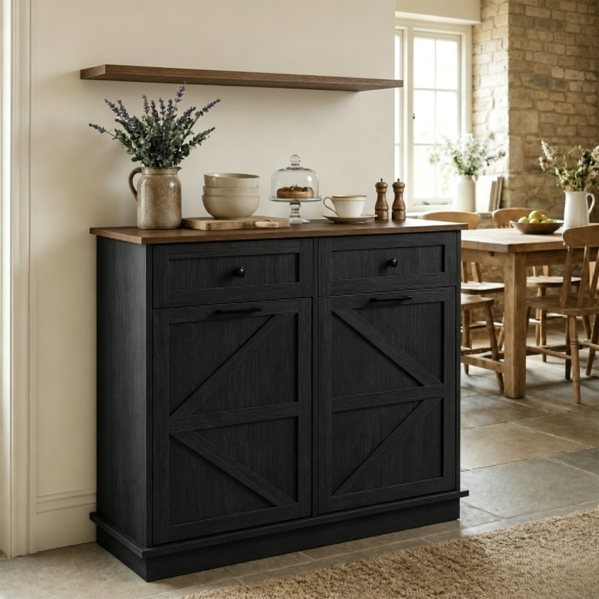 HOQBN Tilt Out Trash Can Cabinet, Farmhouse Wooden Double 10-Gallon Hidden Garbage Bin with Drawer, Dog Proof Storage Cabinet for Kitchen, Laundry and Living Room Black