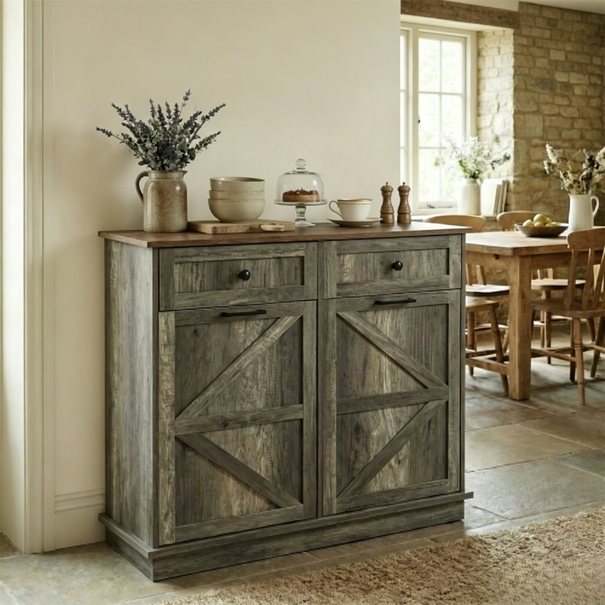 HOQBN Tilt Out Trash Can Cabinet, Farmhouse Wooden Double 10-Gallon Hidden Garbage Bin with Drawer, Dog Proof Storage Cabinet for Kitchen, Laundry and Living Room Grey+Brown