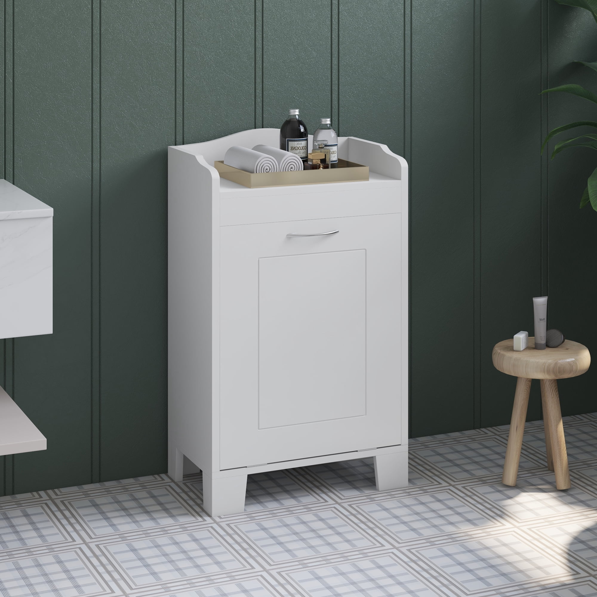 HOQBN Tilt‑out Laundry Storage Cabinet with Tabletop and Built‑in Compartment Hamper, Freestanding Laundry Room Organizer Cabinet for Bathroom, Laundry Room and Entryway