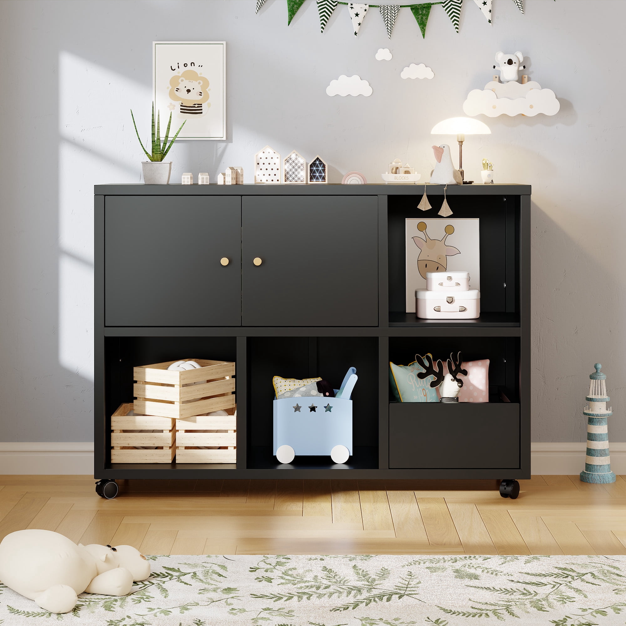 HOQBN Toy Storage Cabinet with 4 Wheels,Cubes Storage Bins Cubes with Open Cubbies & Closed Cabinets,Metal Storage Furniture for Playroom,Living Room,Black