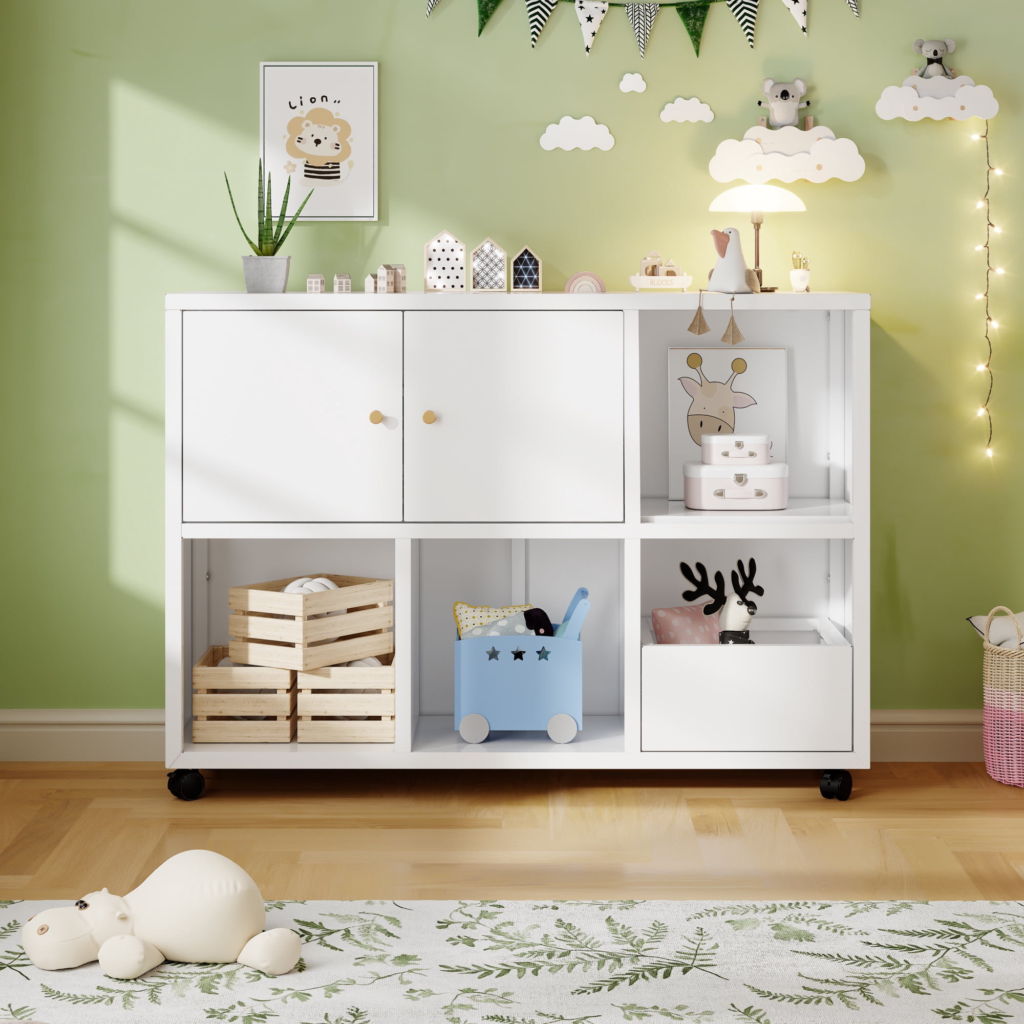 HOQBN Toy Storage Cabinet with 4 Wheels,Cubes Storage Bins Cubes with Open Cubbies & Closed Cabinets,Metal Storage Furniture for Playroom,Living Room,White