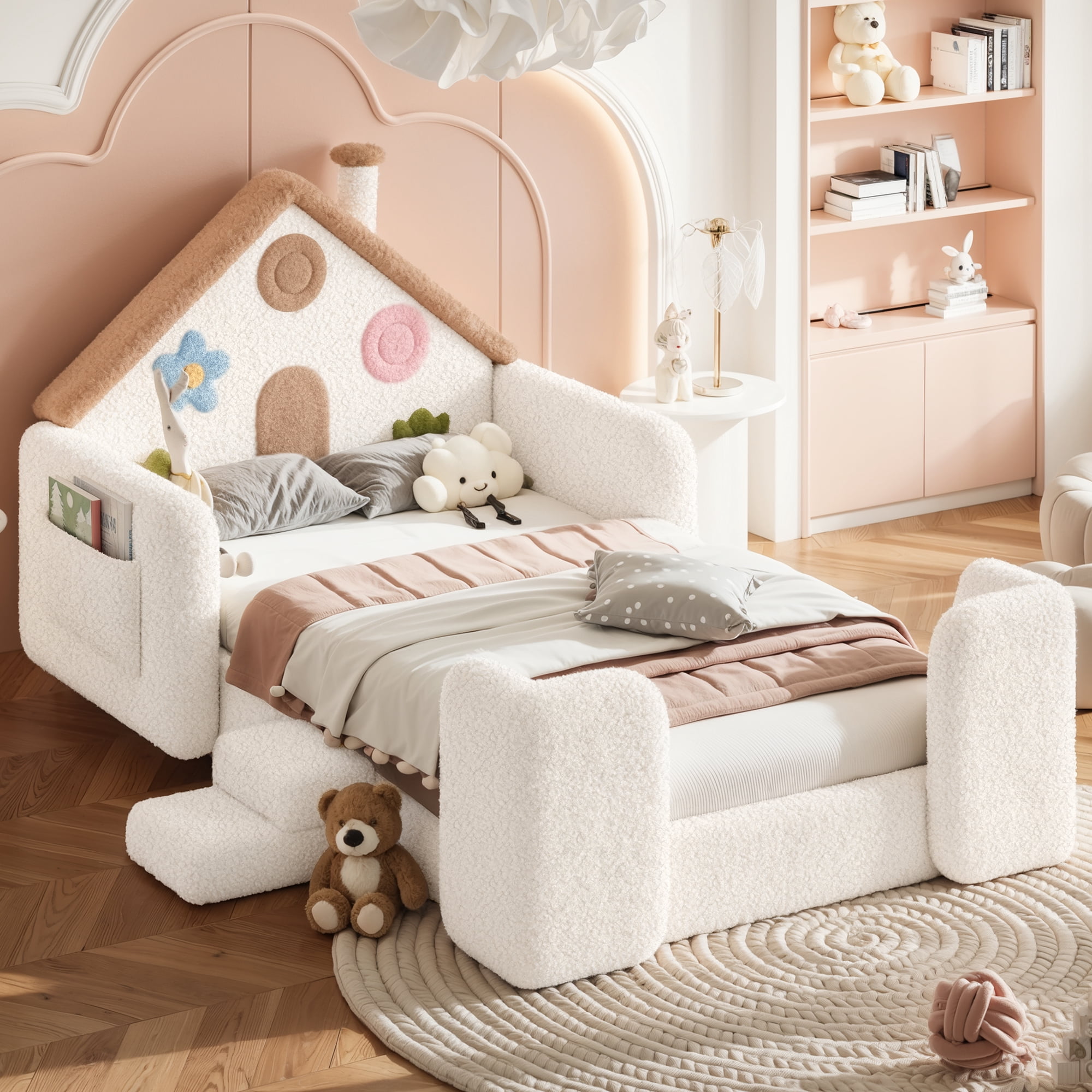 HOQBN Twin House Shaped Upholstered Floor Bed, Upholstered Kids Bed with Safety Side Rails, Low Floor Playhouse Bed for Nursery & Kids Bedroom Beige & Natural