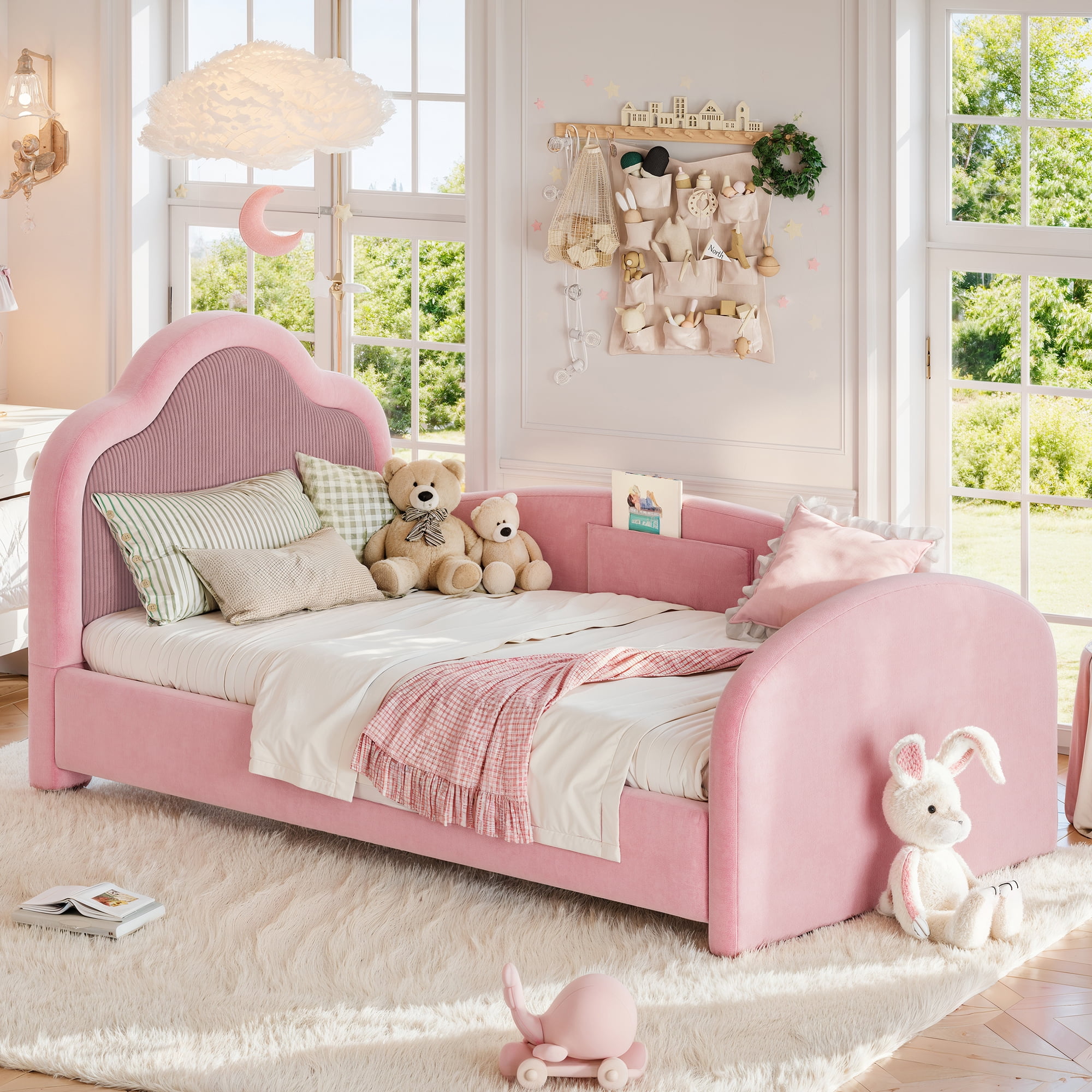HOQBN Twin Size Curved Headboard Upholstered Floor Bed, Upholstered Kids Bed Frame with Safety Side Rails and Storage Pocket, Low Floor Playhouse Bed for Kids Bedroom,Pink