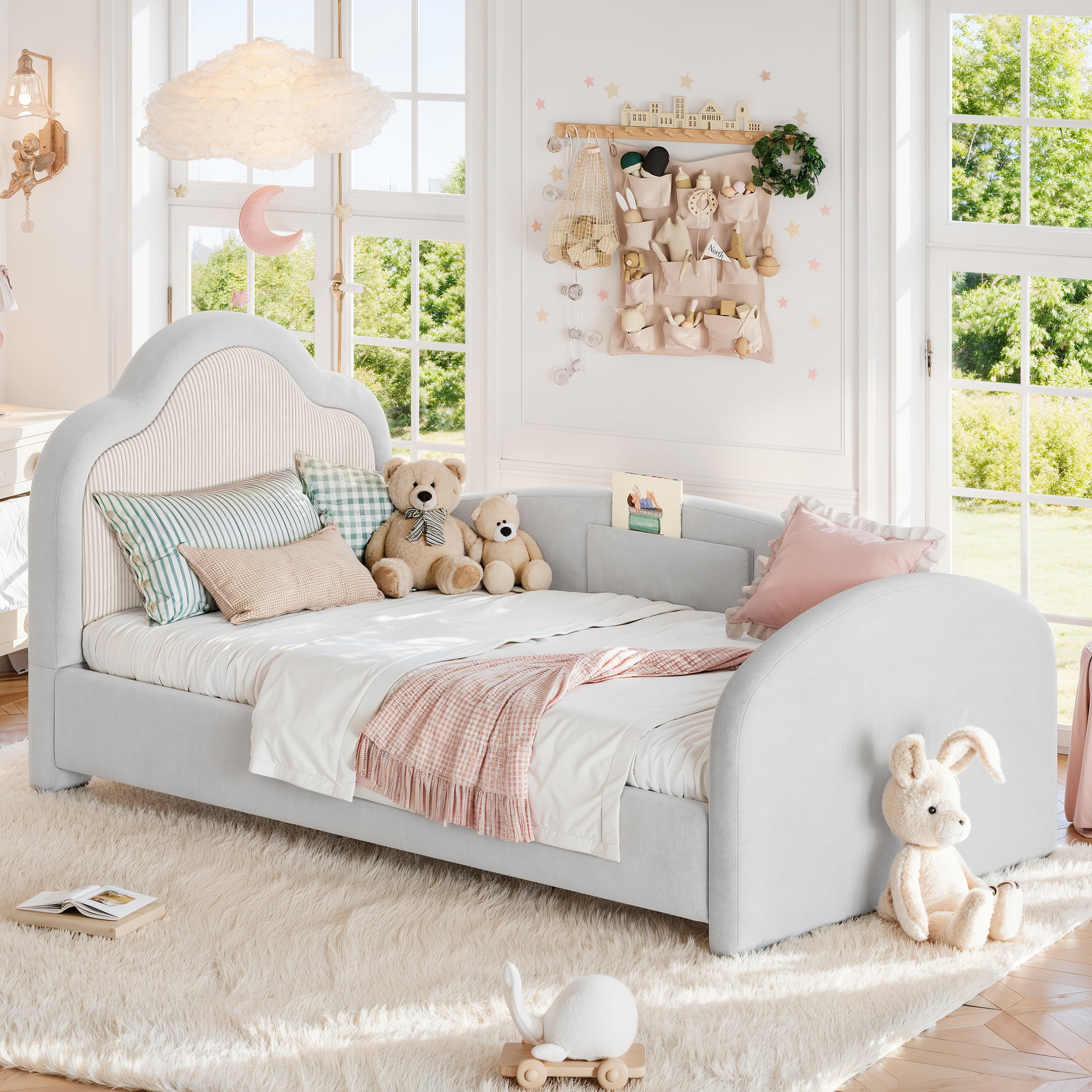 HOQBN Twin Size Curved Headboard Upholstered Floor Bed, Upholstered Kids Bed Frame with Safety Side Rails and Storage Pocket, Low Floor Playhouse Bed for Kids Bedroom,Light Gray