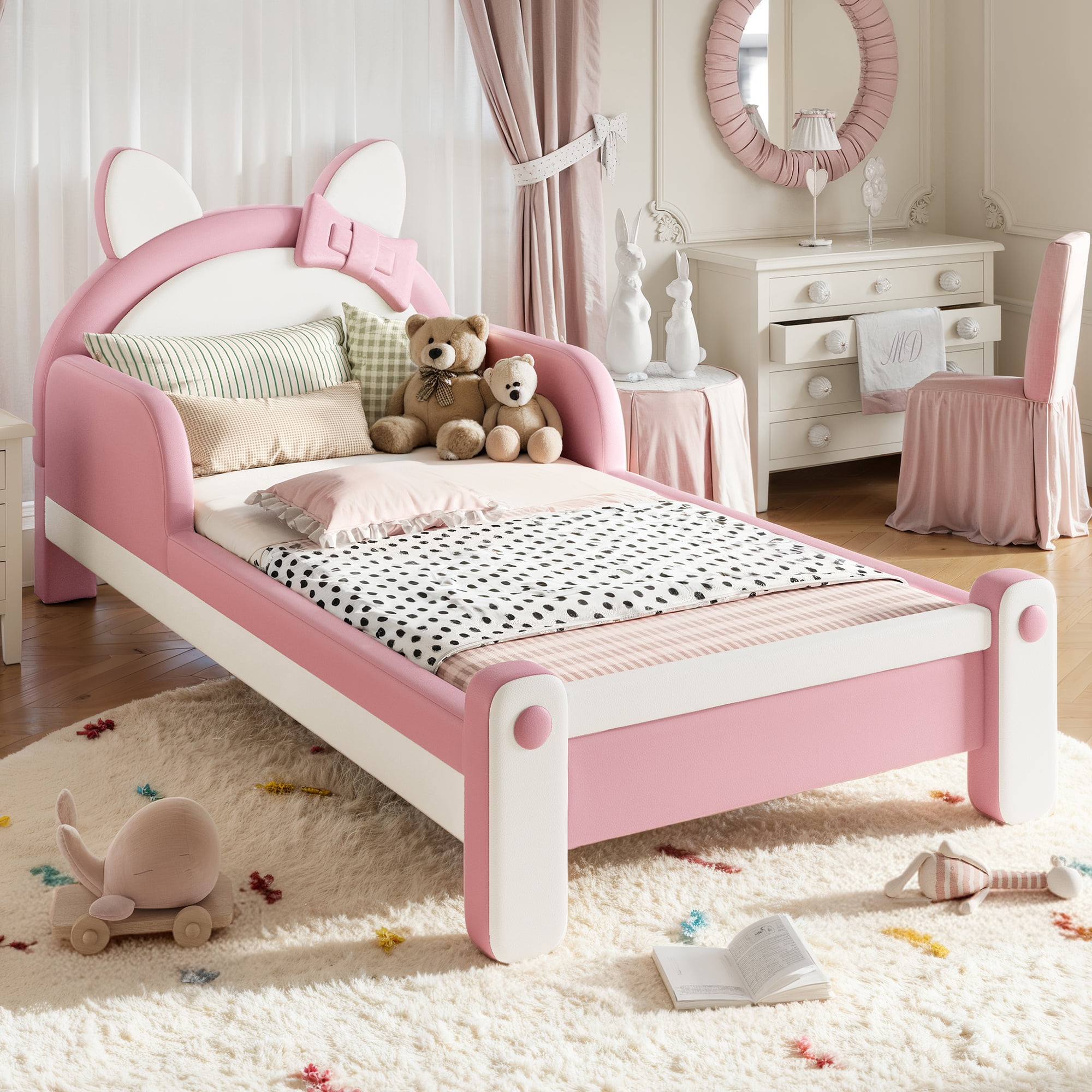 HOQBN Twin Size Cute Cat Shaped Upholstered Kids Platform Bed, Princess Style Low Profile Children Bed Frame for Bedroom White & Pink