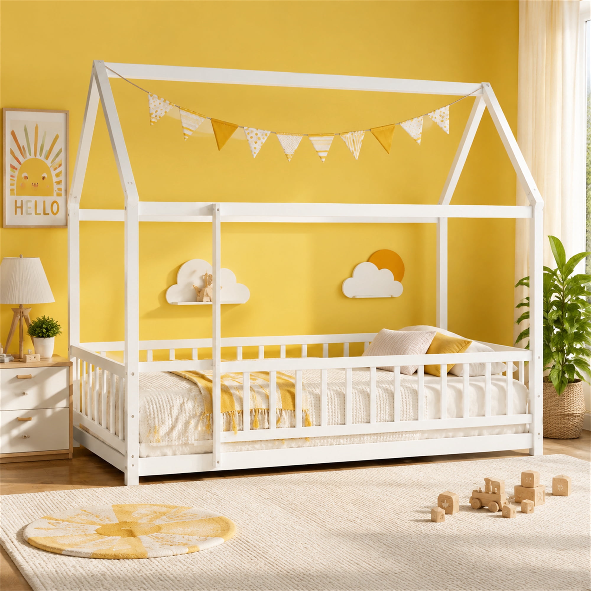 HOQBN Twin Size Floor Bed with House Roof Frame, Pine Wood Kids Floor Bed Frame with High Fence Guardrails for Children Bedroom White