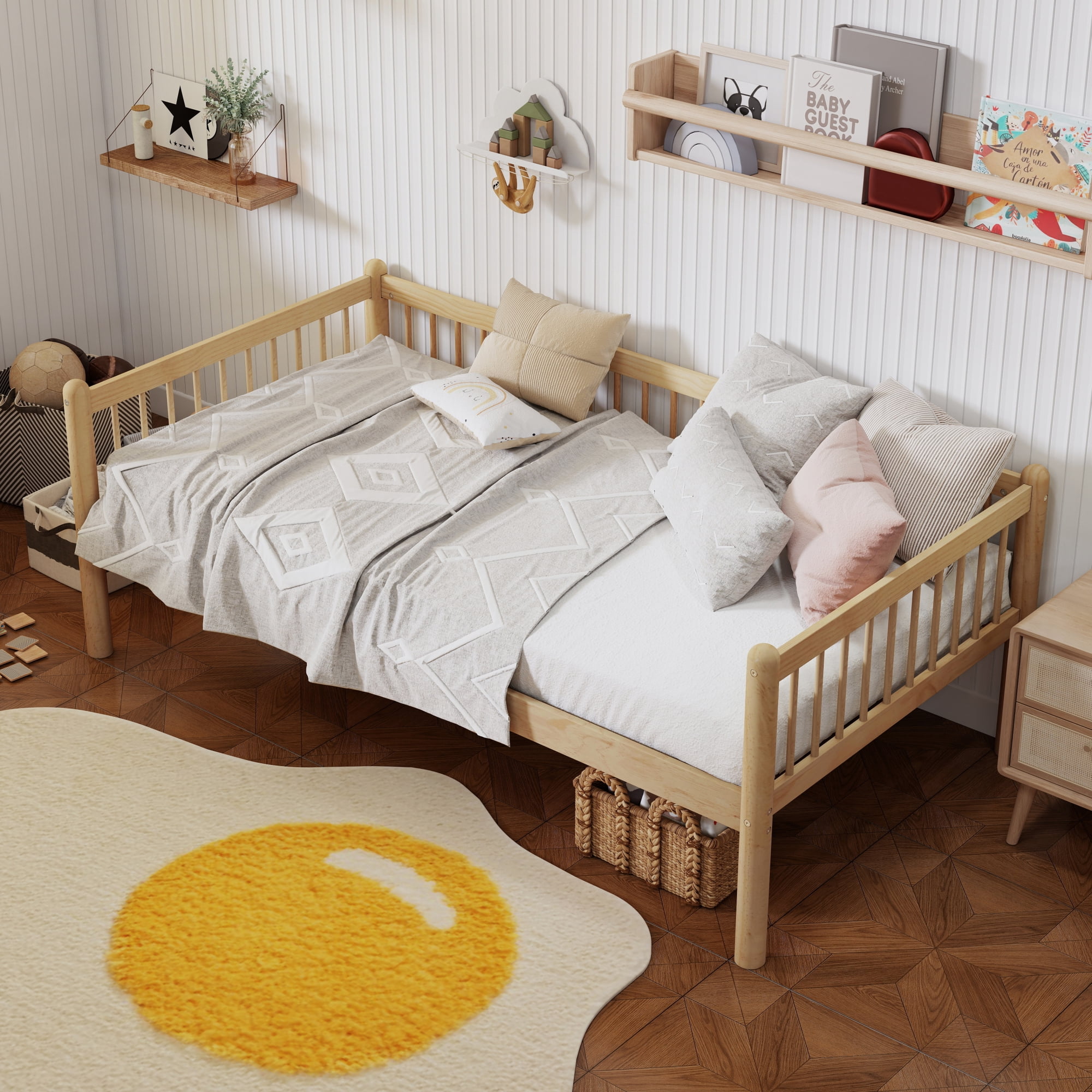 HOQBN Twin Size Pine Wood Daybed, Sofa Bed Frame with 3-Side Guardrails and 10 Support Slats for Bedroom, Natural