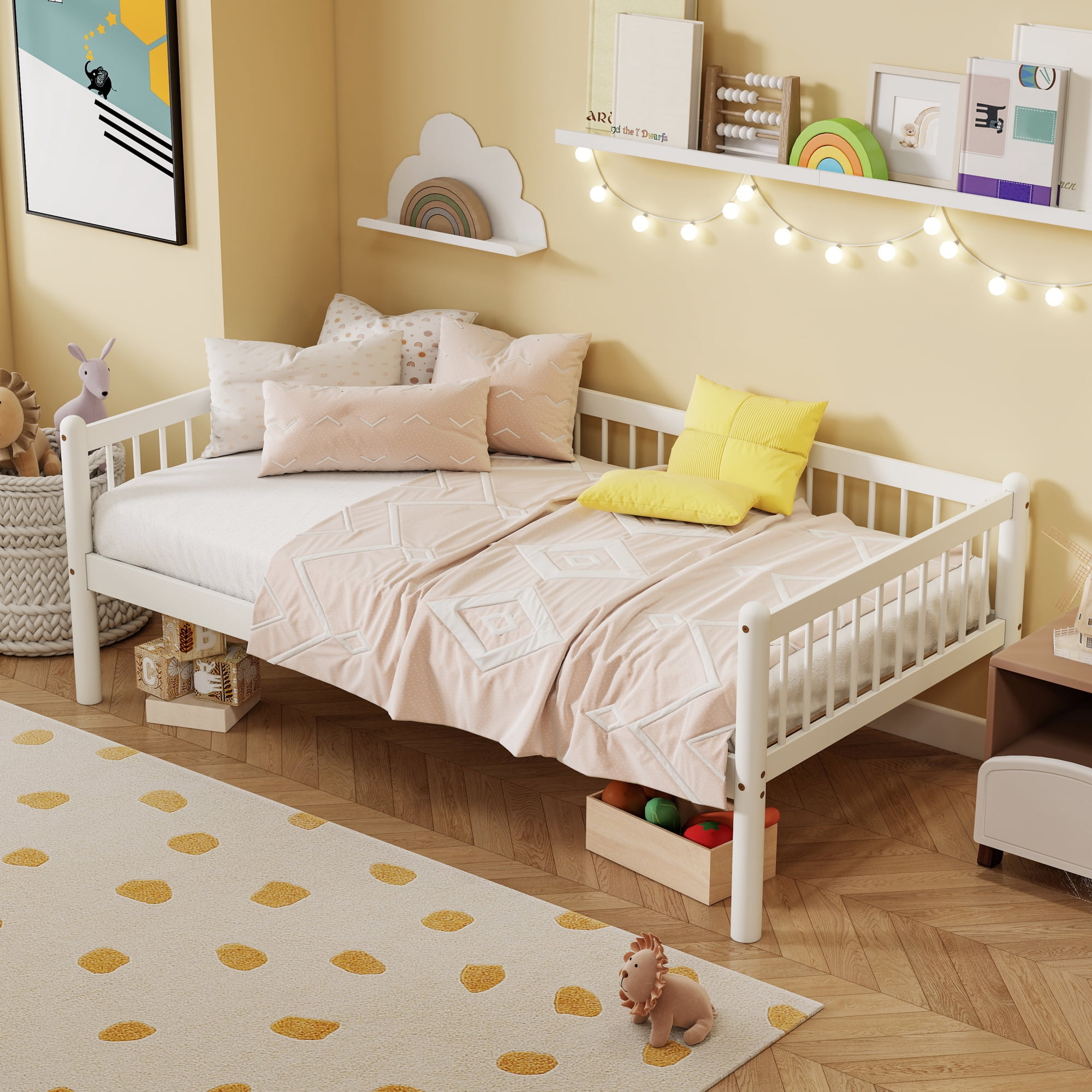 HOQBN Twin Size Pine Wood Daybed, Sofa Bed Frame with 3-Side Guardrails and 10 Support Slats for Bedroom, White