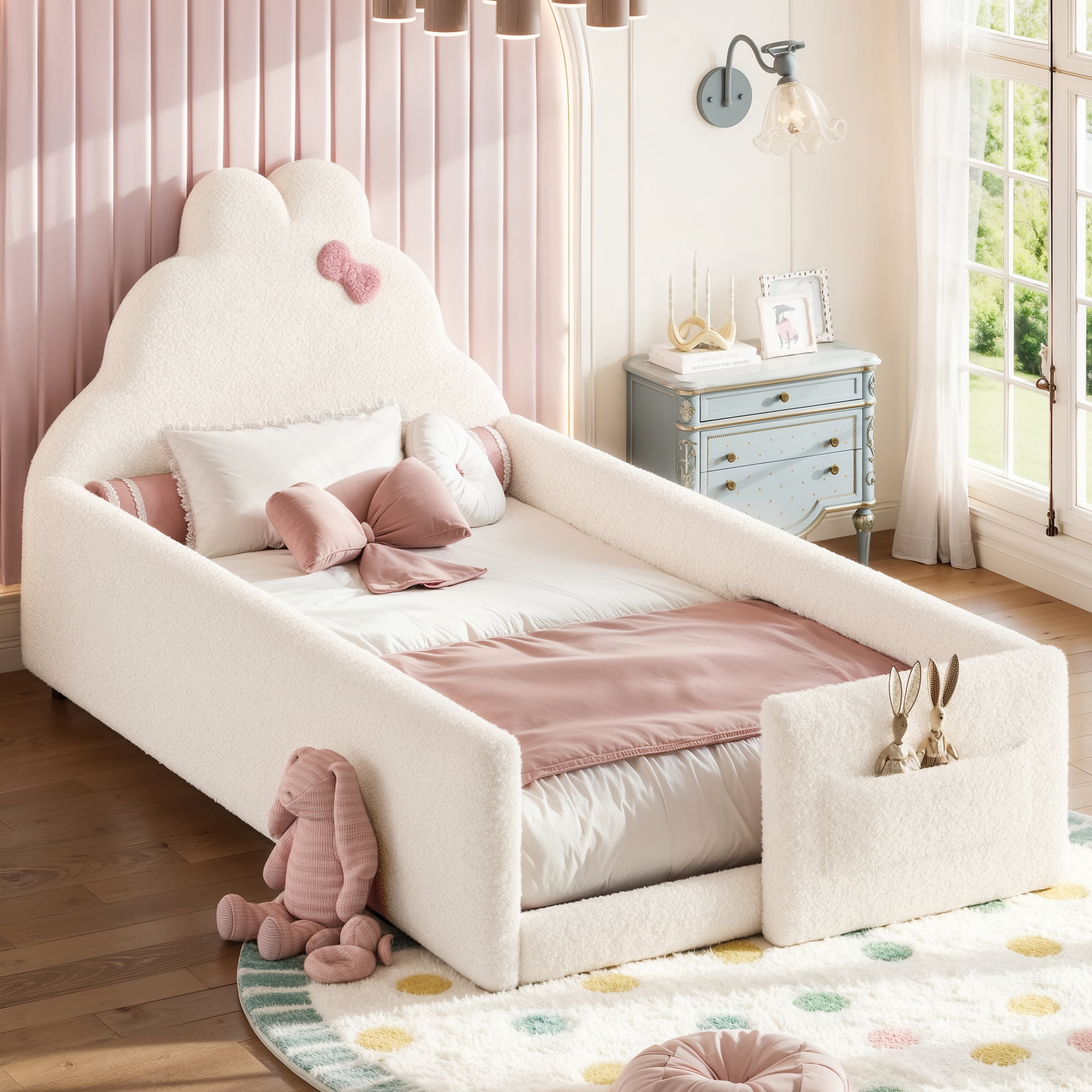 HOQBN Twin Size Upholstered Floor Bed Frame, Soft Padded Upholstered Kids Bed, Safe Children Bed Frame with Side Storage Pocket for Bedroom Beige