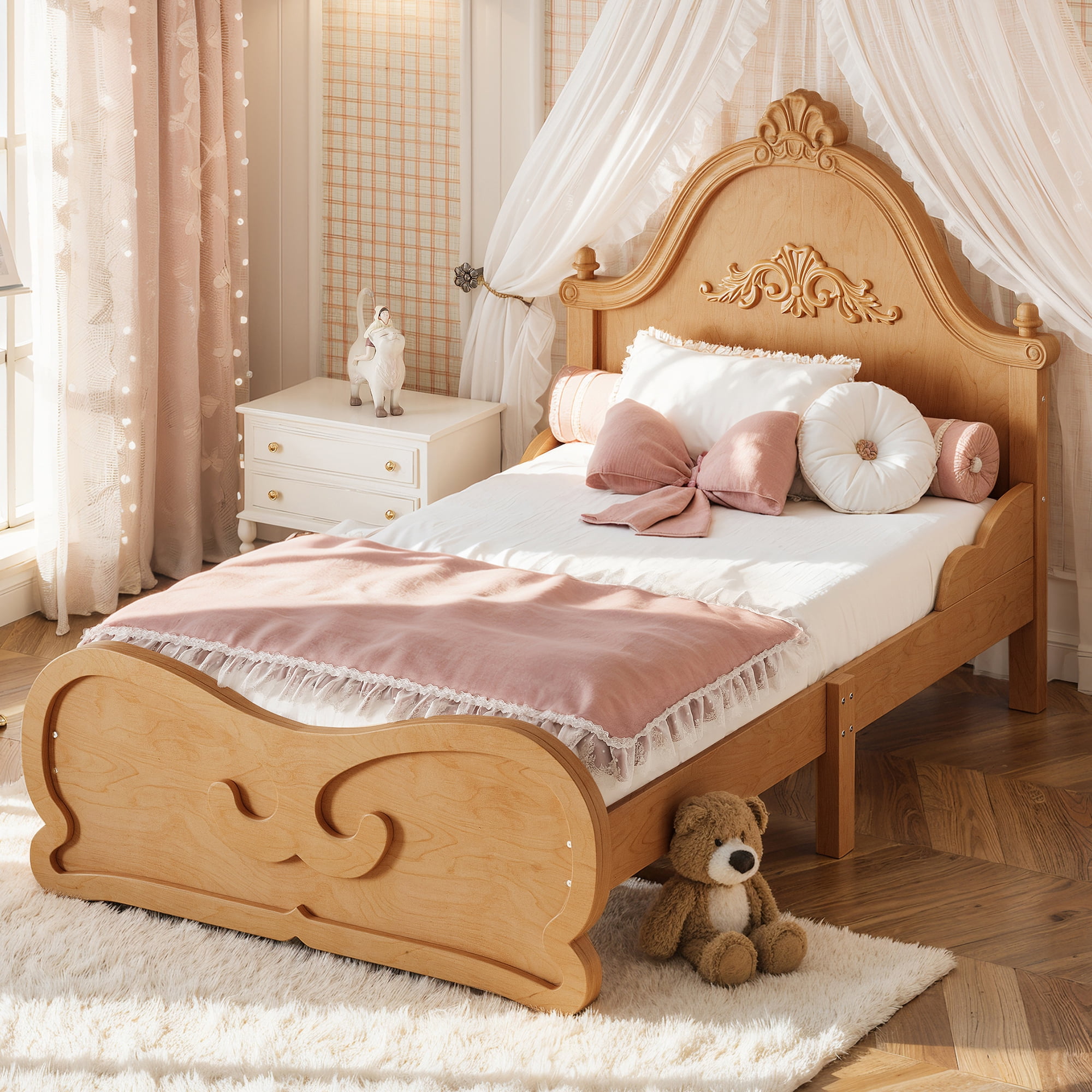 HOQBN Twin Size Vintage Carved Platform Bed with Headboard, Solid Wood Bed Frame with Slatted Support, Low Profile Platform Bed for Kid Teens, Natural