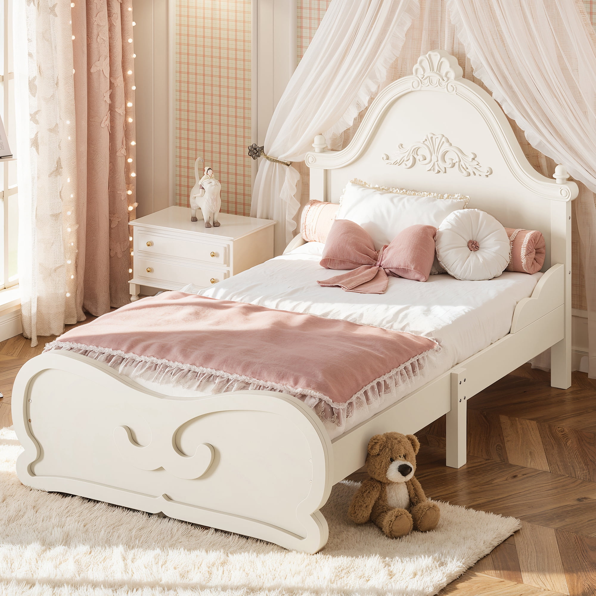 HOQBN Twin Size Vintage Carved Platform Bed with Headboard, Solid Wood Bed Frame with Slatted Support, Low Profile Platform Bed for Kid Teens, Beige