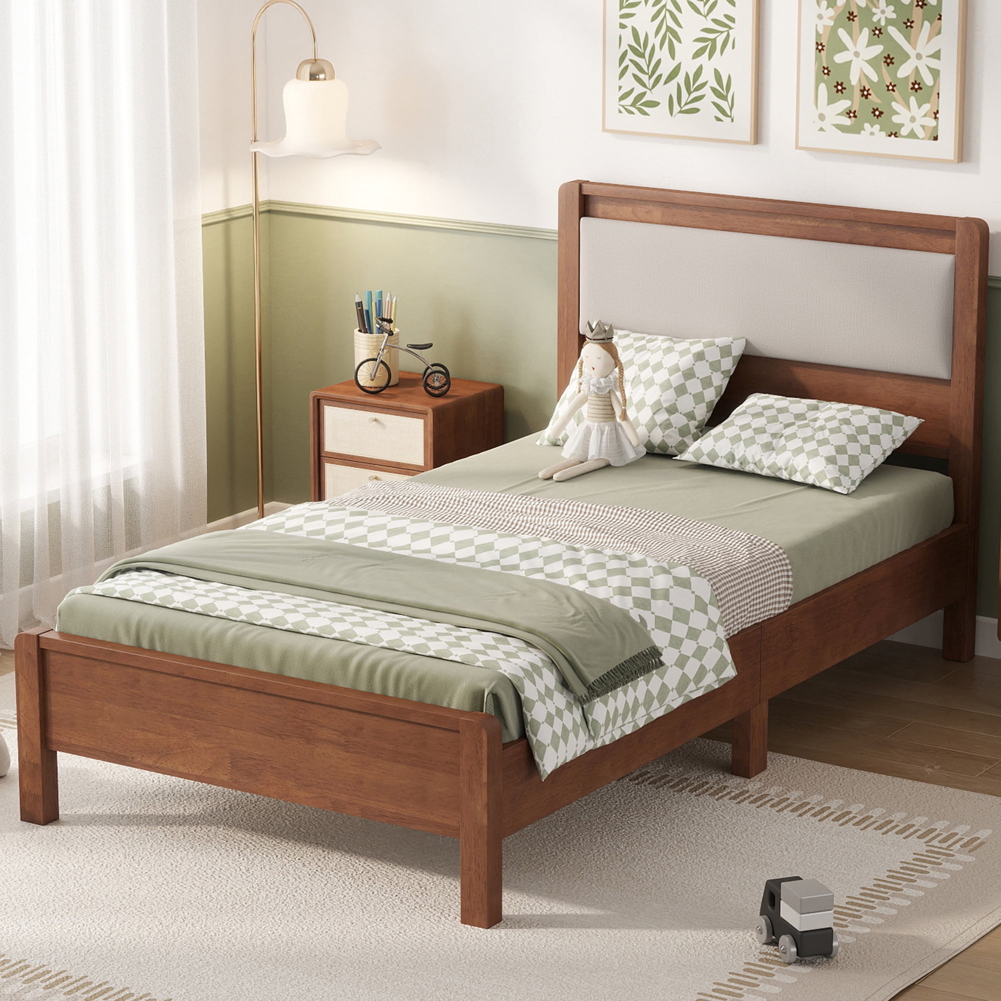 HOQBN Twin XL Solid Rubberwood Bed Frame with Upholstered Headboard, Reinforced Central Support Legs for Bedroom Brown