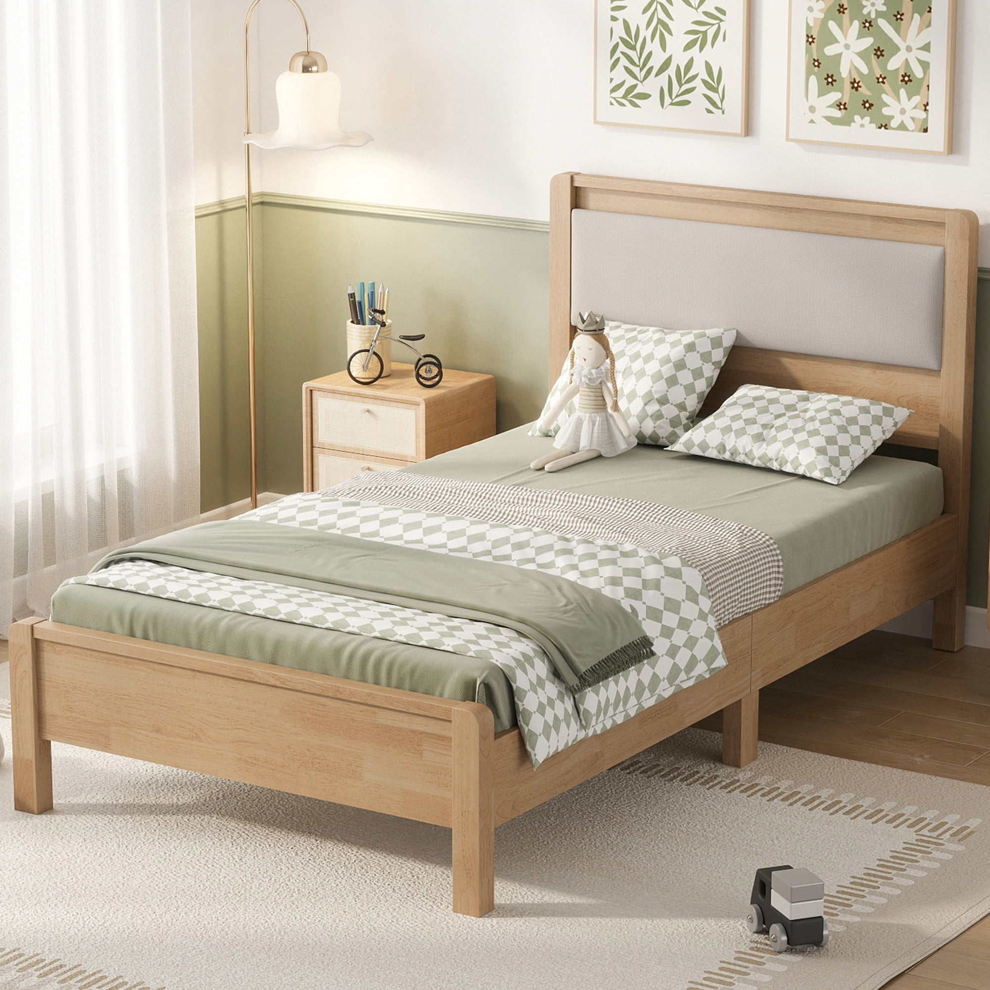 HOQBN Twin XL Solid Rubberwood Bed Frame with Upholstered Headboard, Reinforced Central Support Legs for Bedroom Natural