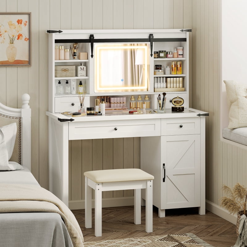 HOQBN Vanity Desk Set with Mirror and Lights, Cushioned Stool, Storage Drawer, Cabinet, and Shelves for Bedroom, White