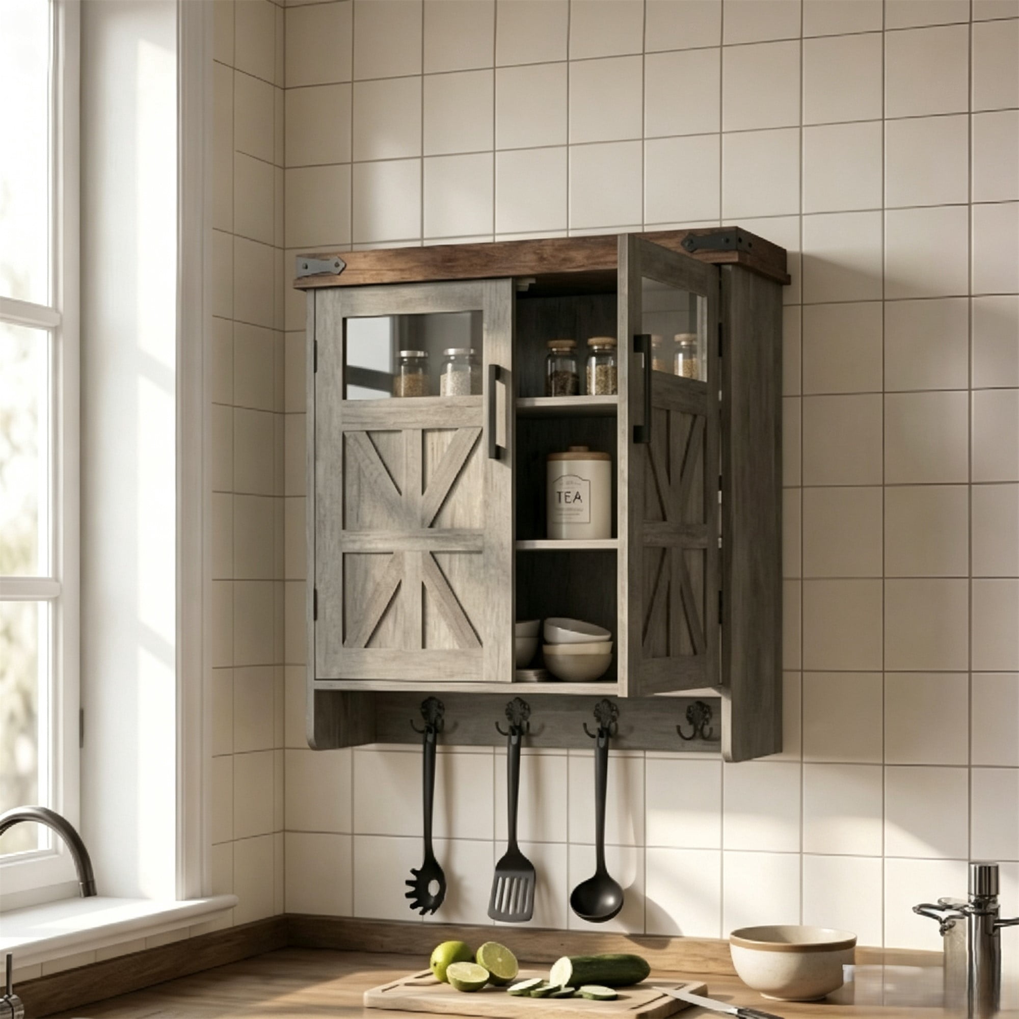 HOQBN Wall Storage Cabinet, Farmhouse Cabinet with Adjustable Shelves & Hook, Bathroom Storage for Small Bathrooms, Kitchen, Laundry Brown Grey