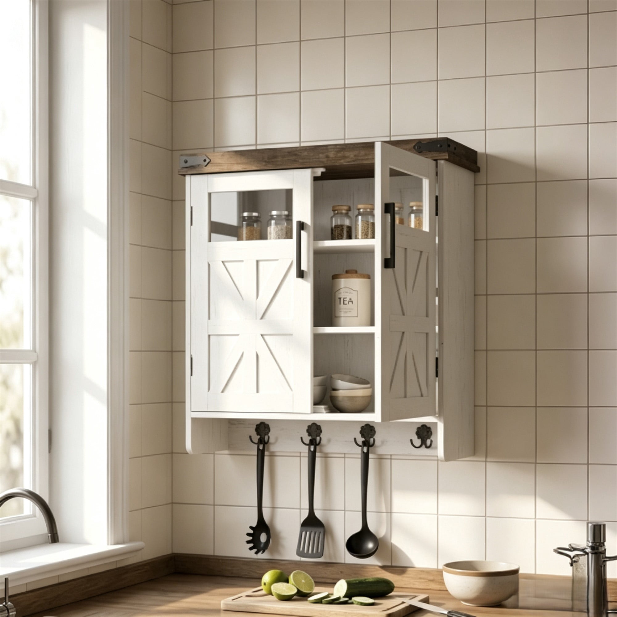 HOQBN Wall Storage Cabinet, Farmhouse Cabinet with Adjustable Shelves & Hook, Bathroom Storage for Small Bathrooms, Kitchen, Laundry Brown+White