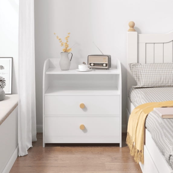 HOQBN White Nightstand with 2 Drawers & Open Shelf, MDF Bedside Table ...