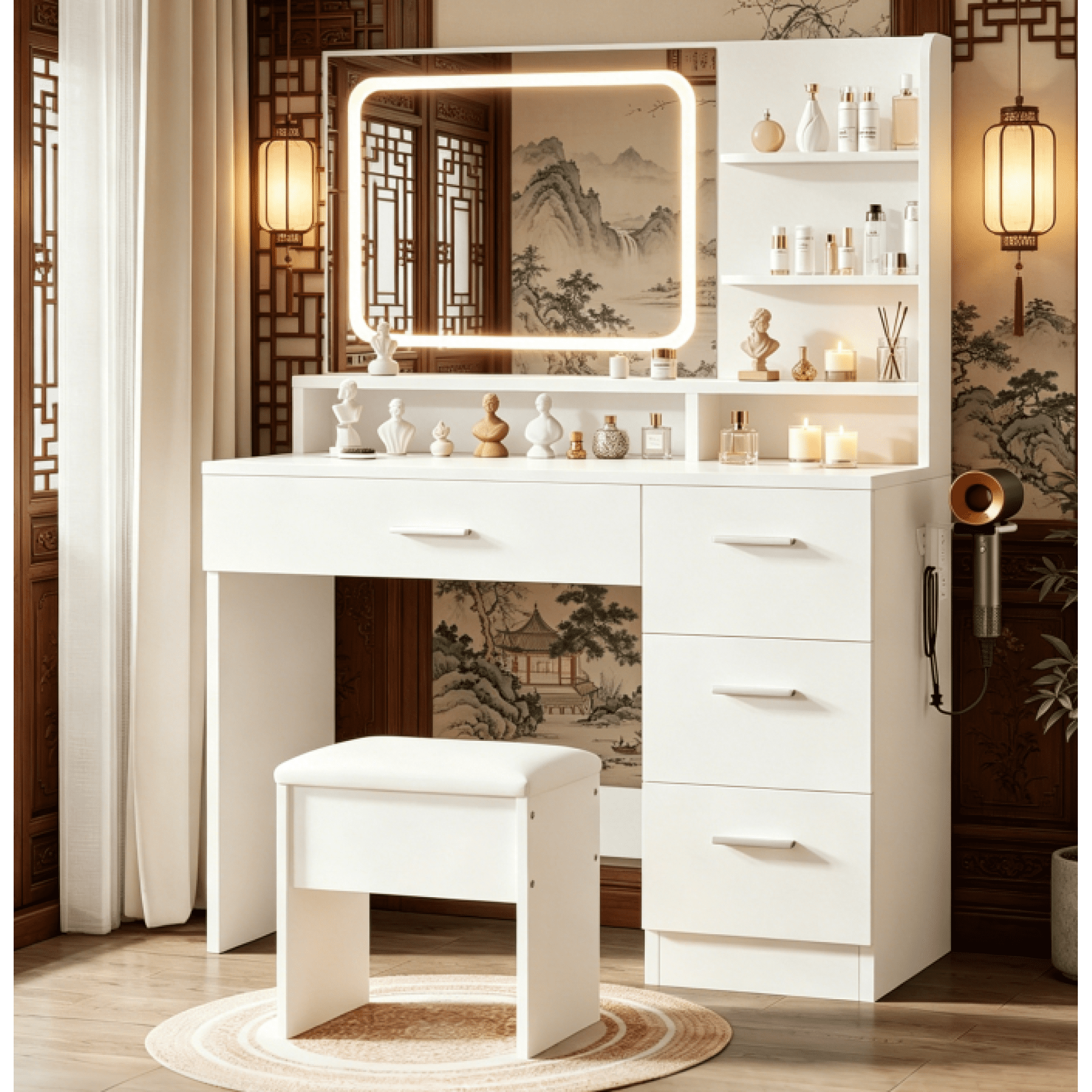 HOQBN White Vanity Set with Mirror & Lights,Modern Makeup Table Dressing Table with Storage Drawers for Bedrooms,Living Room