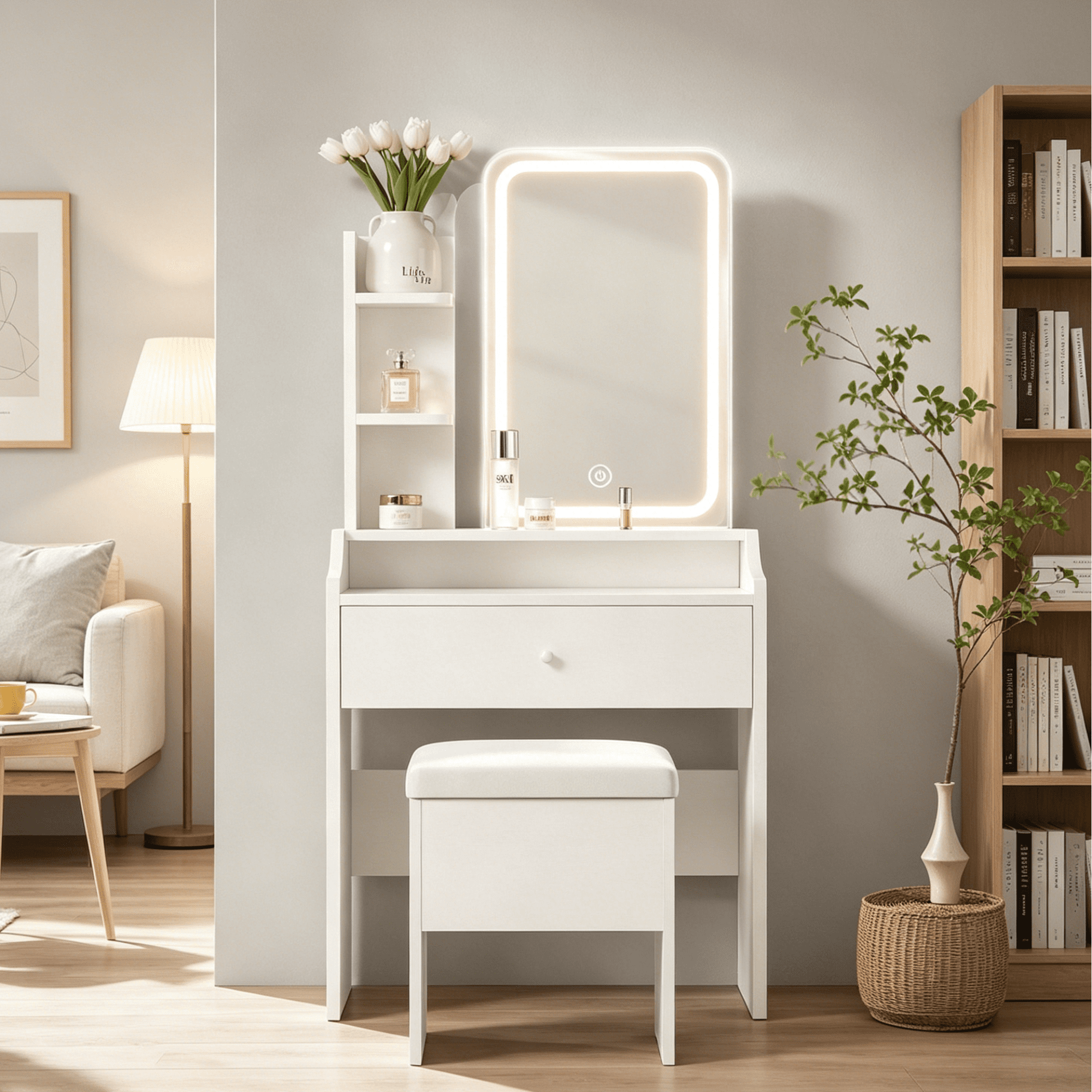 HOQBN White Vanity Set with Mirror and Smart LED,Small Makeup Table Dressing Table with Storage for Apartments,Bedrooms,Living Rooms