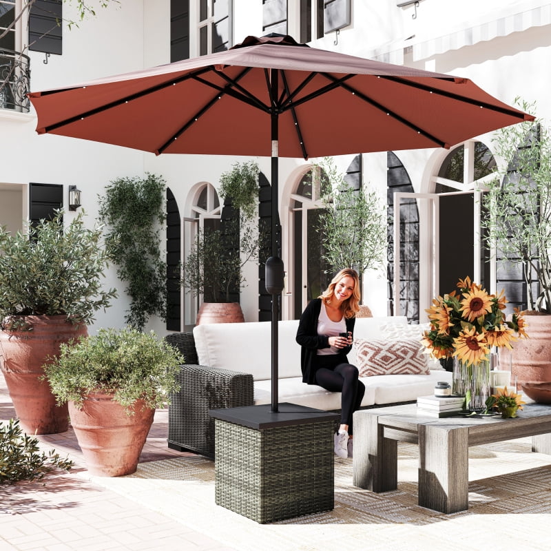 HOQBN Wicker Side Table with 1.5" Umbrella Hole, Square Outdoor End Table with UV-Resistant Frame, Storage Space, Mixed-Gray