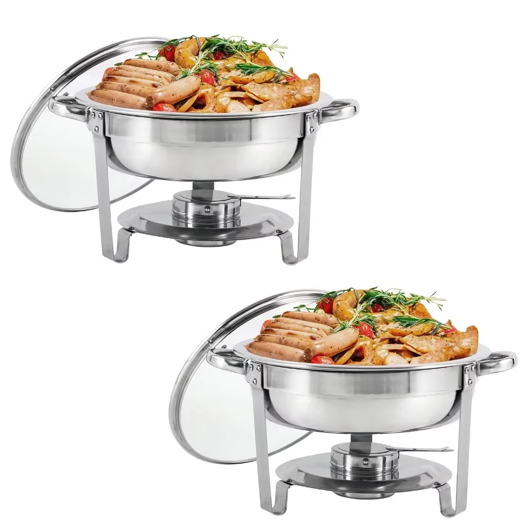 Geetery 2 Pack Stainless Steel Soup Warmer 7 QT Soup Chafer Round Chafers  for Catering with Clear Glass Pot Lid and Fuel Holder, for Catering