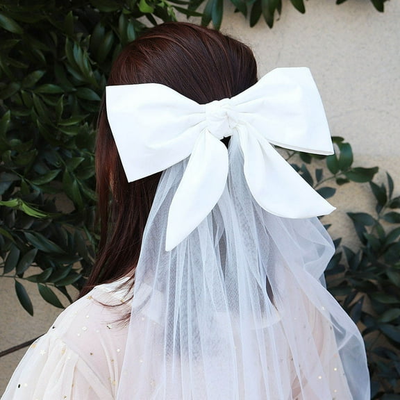 HORIALENCE White Cloth Bowknot Veil Hair Clip for Bride Headdress 29.5x9.4in 1Pack