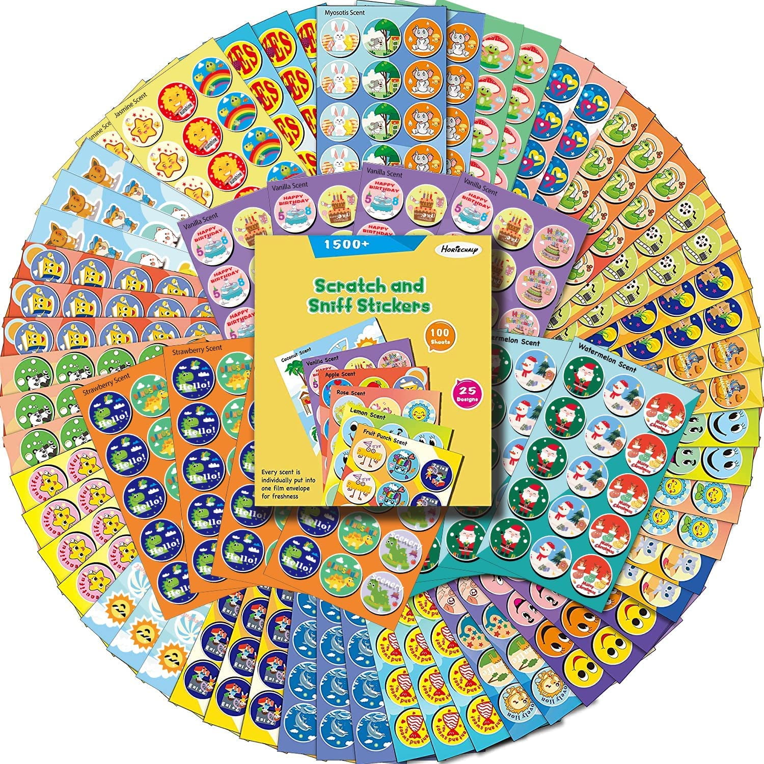 HORIECHALY Scratch and Sniff Stickers, 100 Sheets with 25 Different Scents, Best Choice for Kids & Teachers & Parents as Reward Stickers, Christmas Gift, Party Favor, Goodie. Awesome Smelly Stickers.