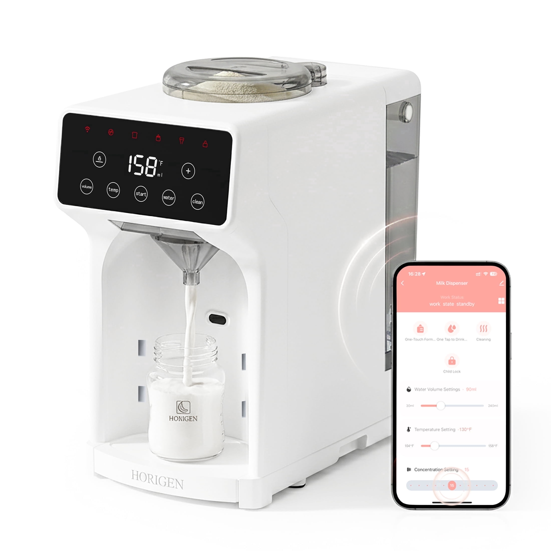 HORIGEN White Automatic Baby Formula Dispenser with App Control, Instant Heating, BPA-Free for Night Feeding