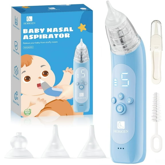 HORIGEN Electric Nasal Aspirator for Baby - 5 Adjustable Suction Levels, USB-C Rechargeable Nose Sucker with 3 Silicone Tips, LED Light & Soothing Music, Baby Mucus Cleaner for Newborns & Toddlers