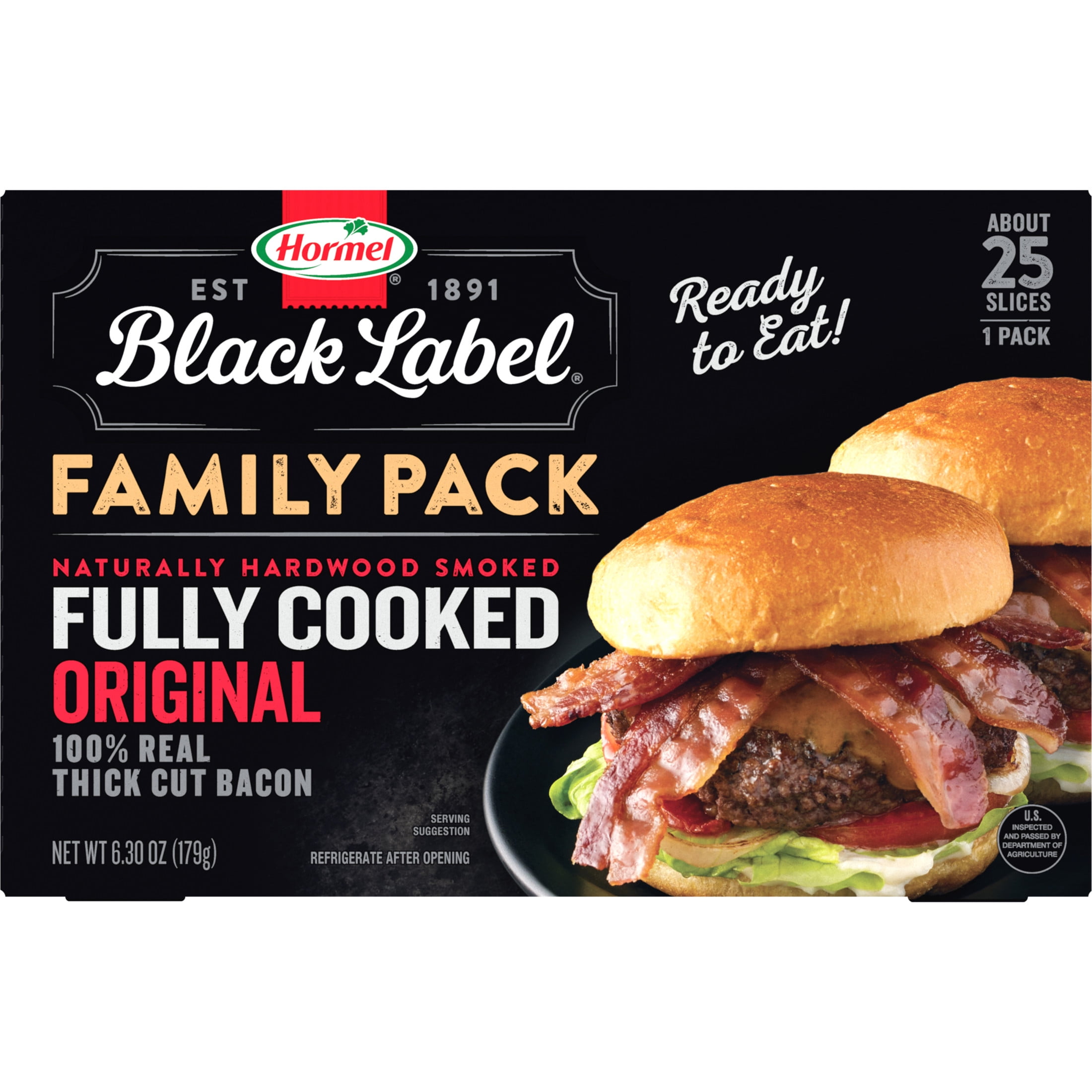 HORMEL BLACK LABEL Family Pack Fully Cooked Bacon, Gluten Free, Refrigerated, 6.3 oz Plastic Package