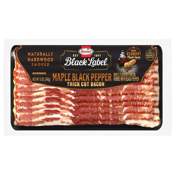 HORMEL BLACK LABEL Maple Black Pepper Bacon, Gluten Free, Refrigerated, 12 oz Plastic Package